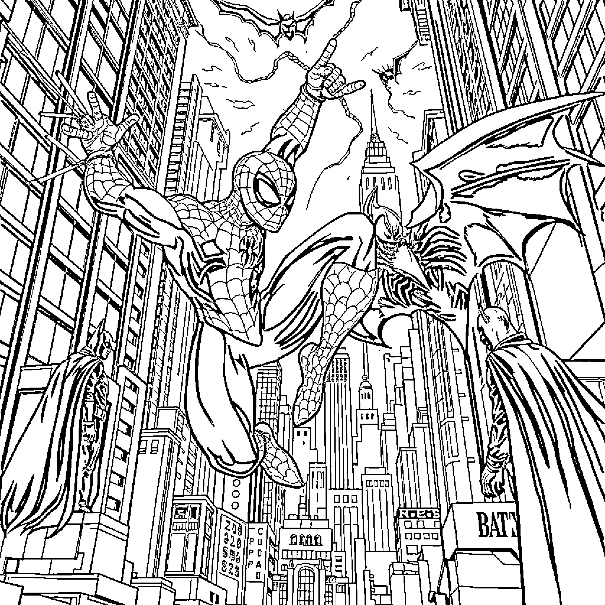 Spiderman's heroic battle against a monstrous foe in the city Coloring Page (free black-and-white line drawing printable PDF for all, from beginners to advanced learners, including children, teens, adults, and seniors)