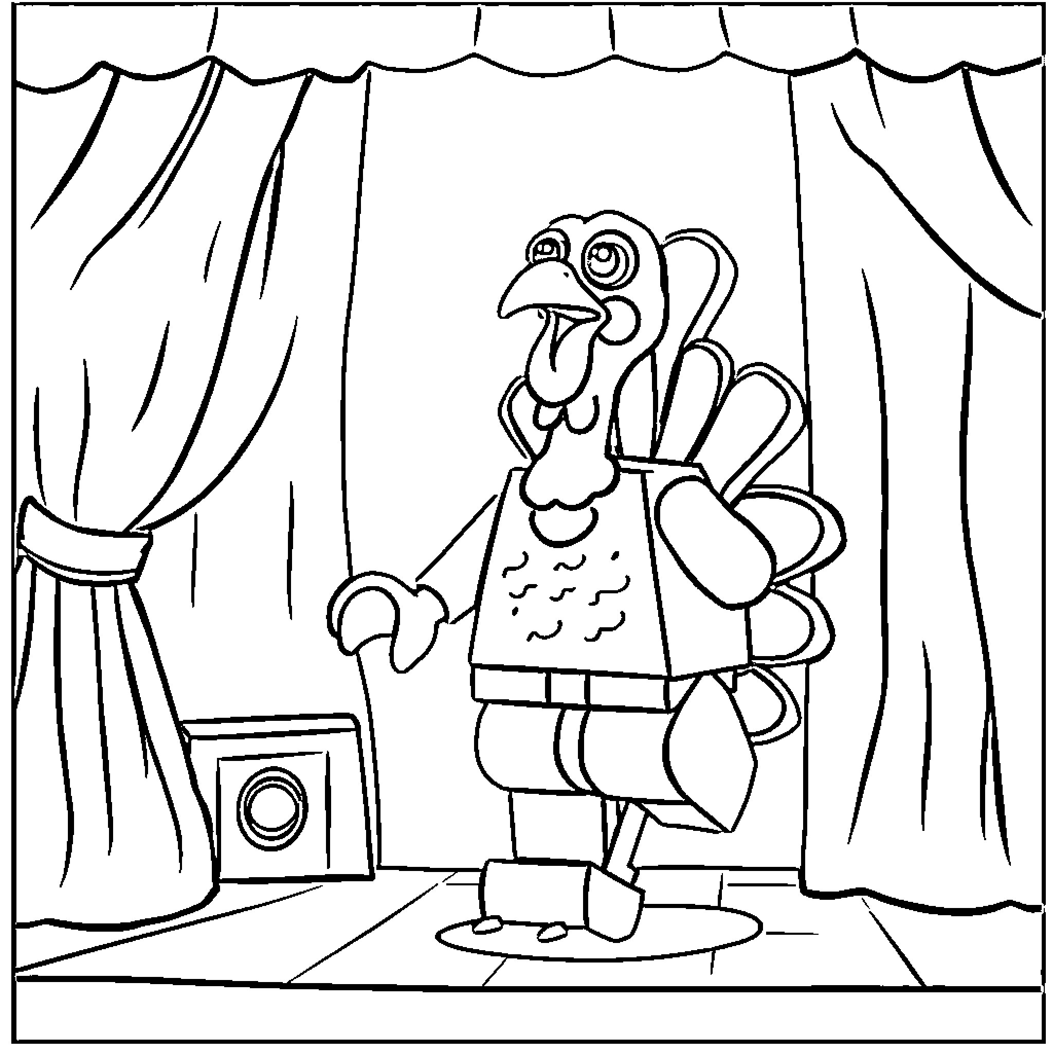 Turkey performing on stage in costume Coloring Page (free black-and-white line drawing printable PDF for all, from beginners to advanced learners, including children, teens, adults, and seniors)