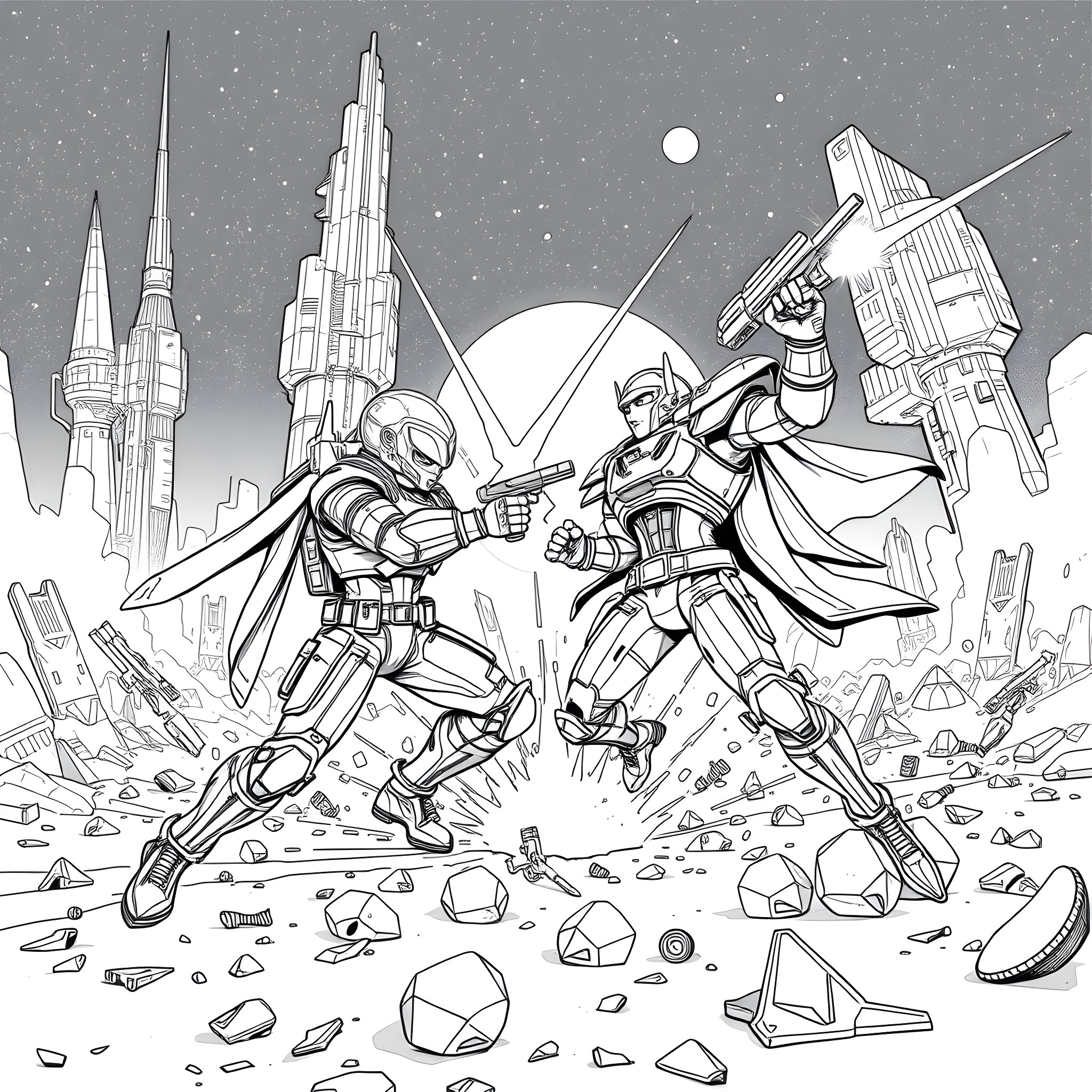 Transformer warriors battling in futuristic cityscape Coloring Page (free black-and-white line drawing printable PDF for all, from beginners to advanced learners, including children, teens, adults, and seniors)