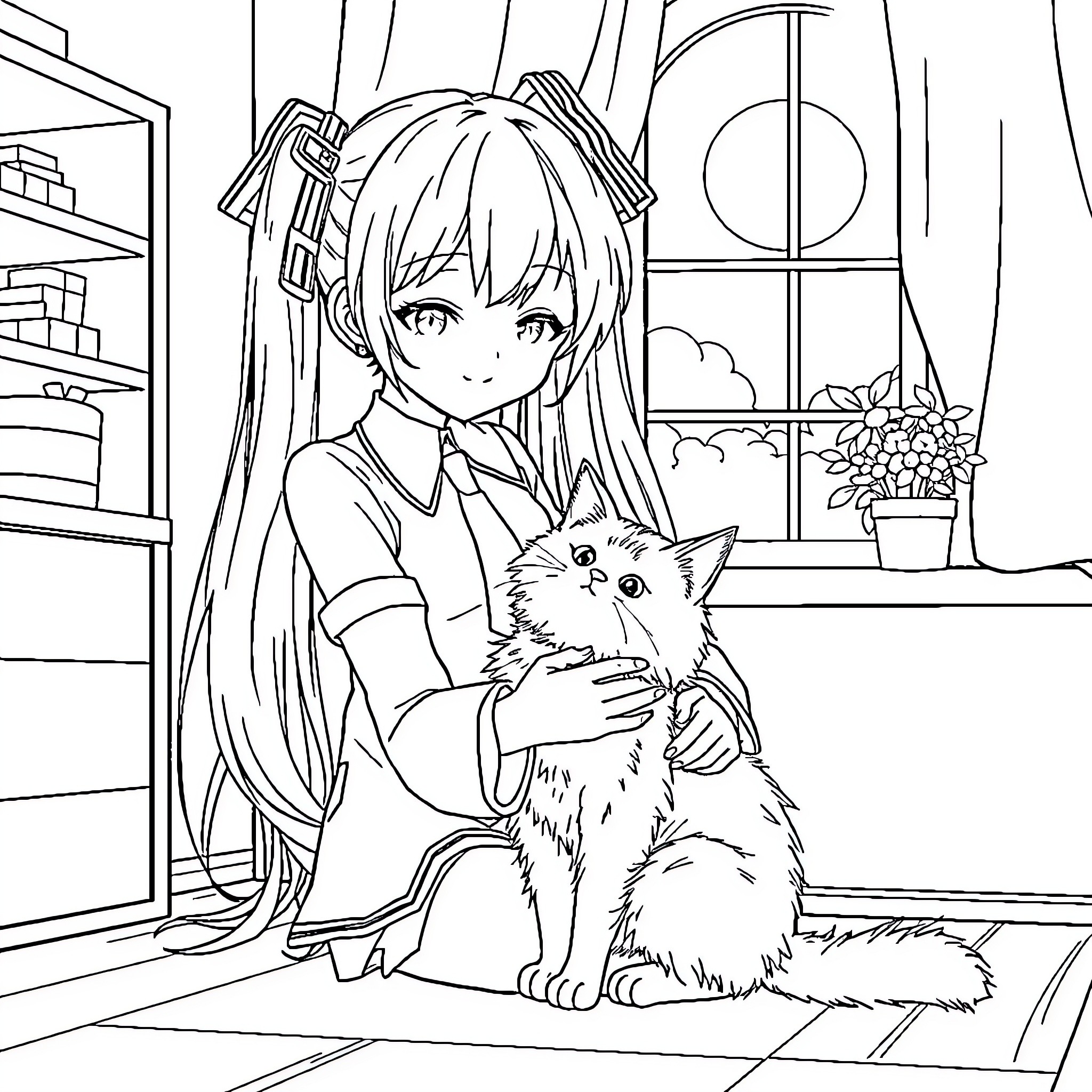 Hatsune Miku interacting with a cute pet cat Coloring Page (free black-and-white line drawing printable PDF for all, from beginners to advanced learners, including children, teens, adults, and seniors)
