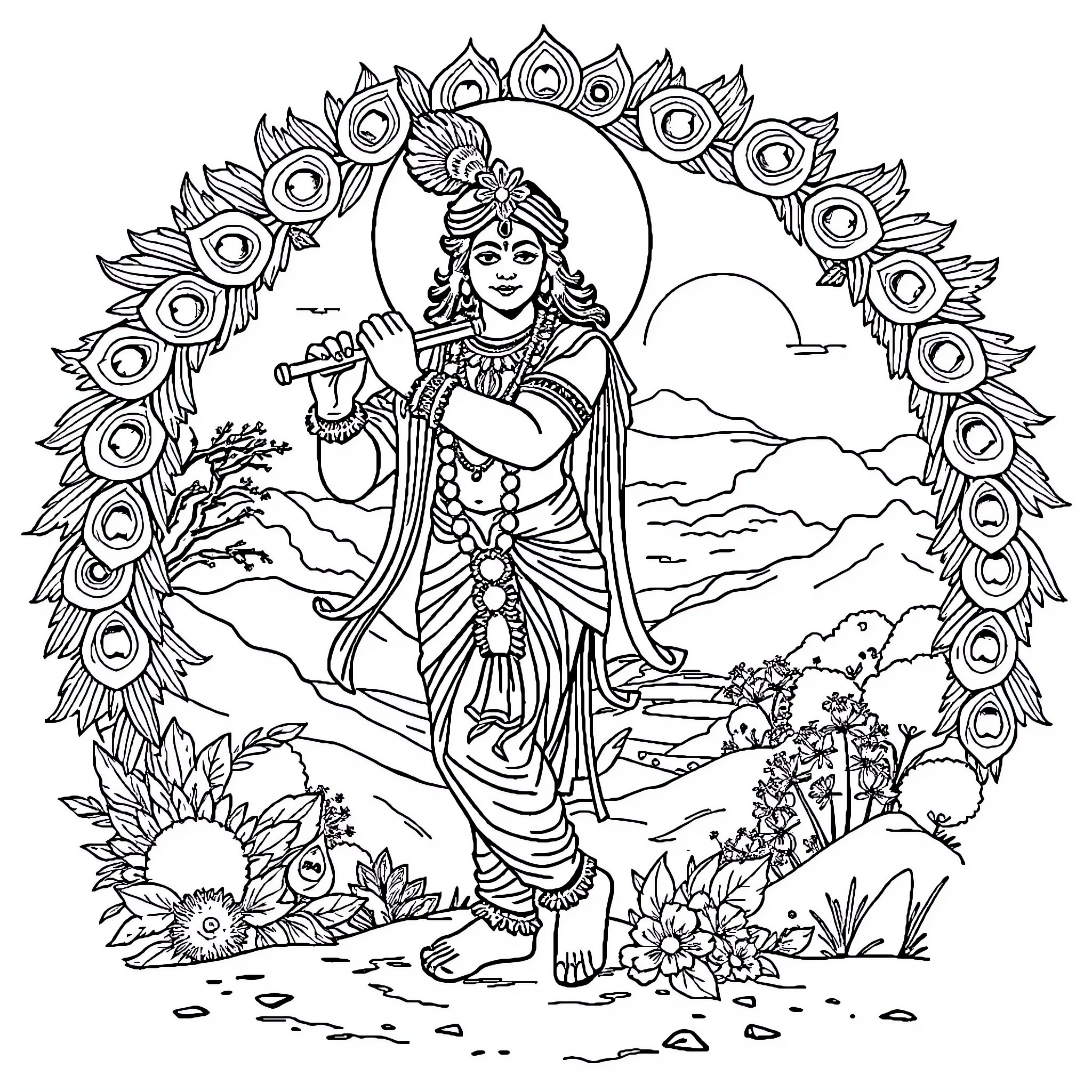Krishna playing the flute in a serene landscape Coloring Page (free black-and-white line drawing printable PDF for all, from beginners to advanced learners, including children, teens, adults, and seniors)