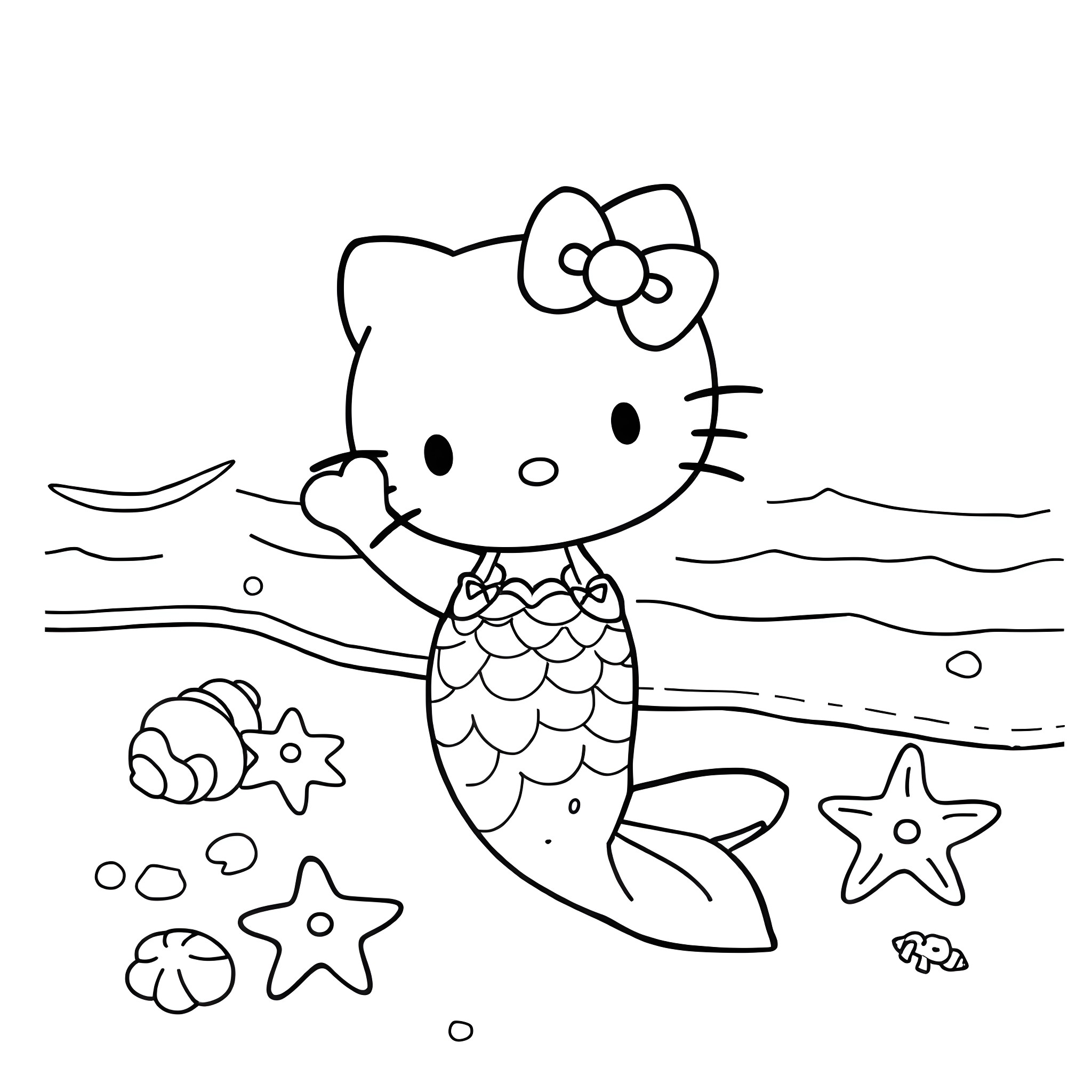 Mermaid Hello Kitty playing in the ocean Coloring Page (free black-and-white line drawing printable PDF for all, from beginners to advanced learners, including children, teens, adults, and seniors)
