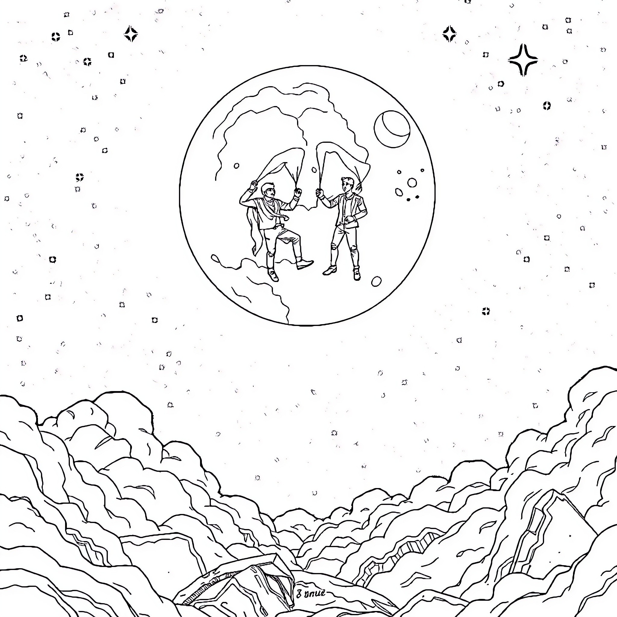 Man exploring the moon with a companion Coloring Page (free black-and-white line drawing printable PDF for all, from beginners to advanced learners, including children, teens, adults, and seniors)