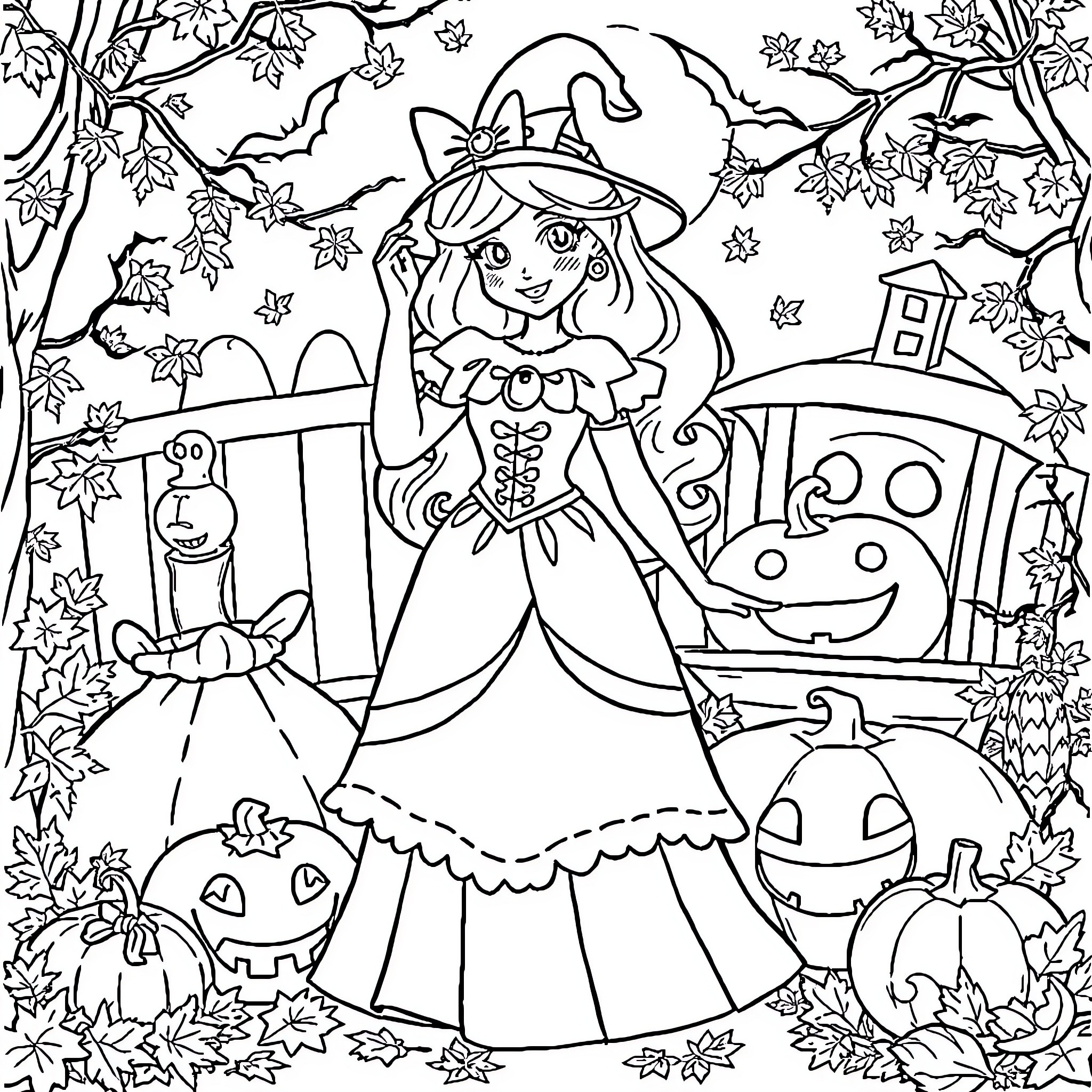 Disney Princess in Whimsical Halloween Scene Coloring Page (free black-and-white line drawing printable PDF for all, from beginners to advanced learners, including children, teens, adults, and seniors)