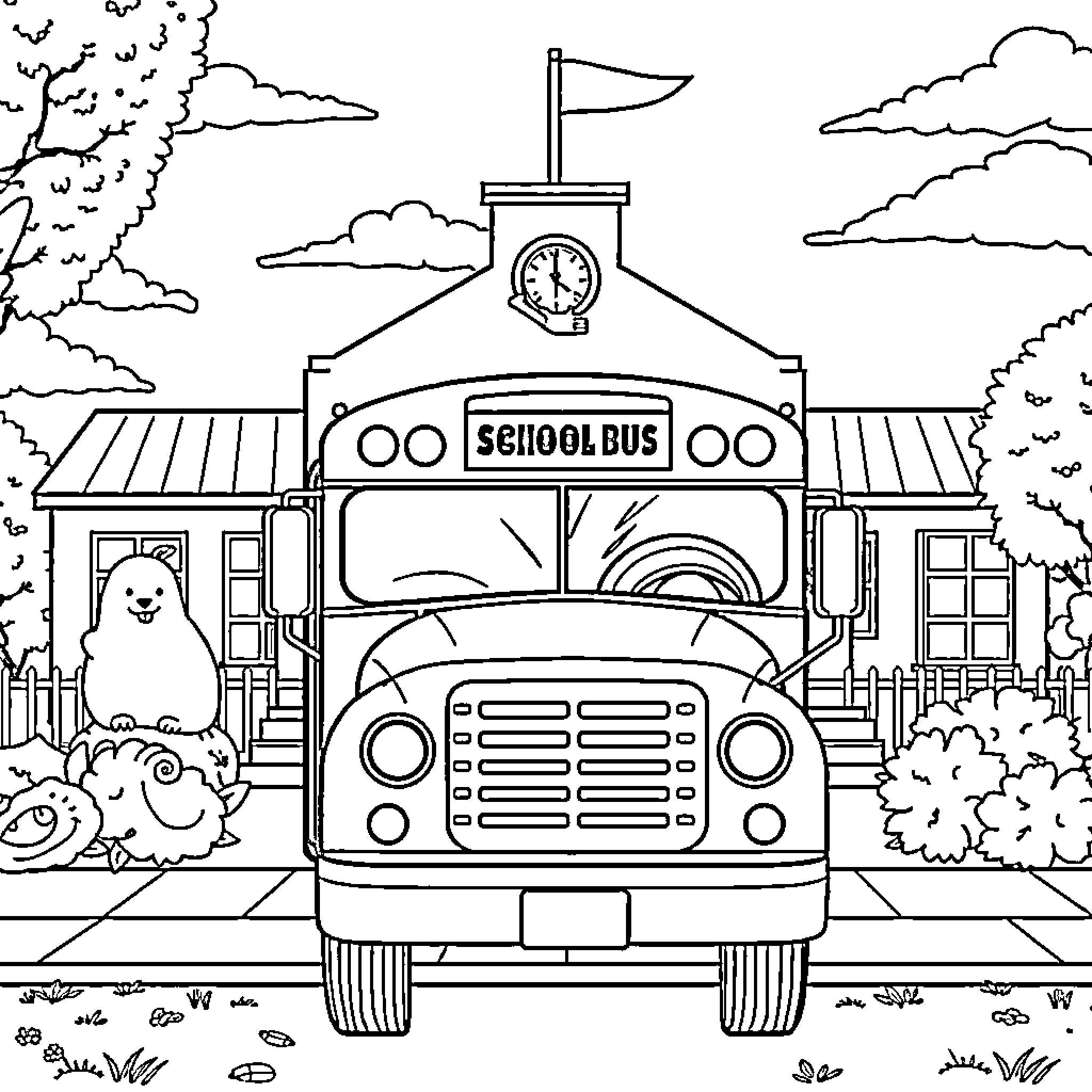 Bus transporting students on a school trip Coloring Page (free black-and-white line drawing printable PDF for all, from beginners to advanced learners, including children, teens, adults, and seniors)