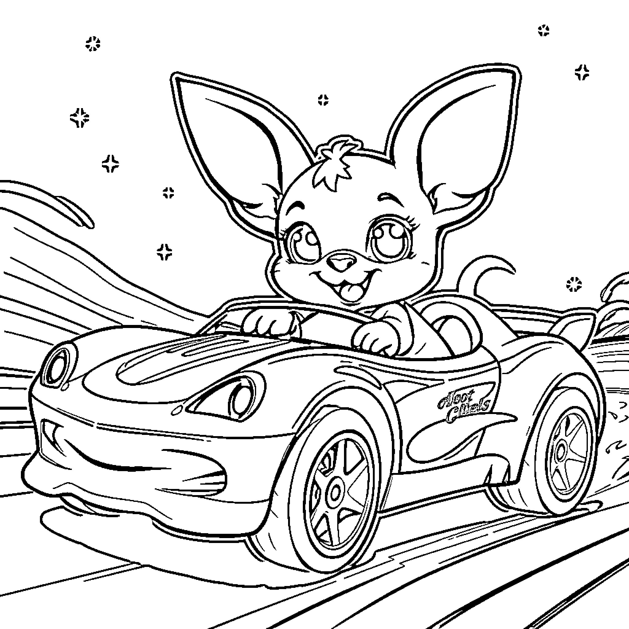 Bluey riding in a cool sports car Coloring Page (free black-and-white line drawing printable PDF for all, from beginners to advanced learners, including children, teens, adults, and seniors)