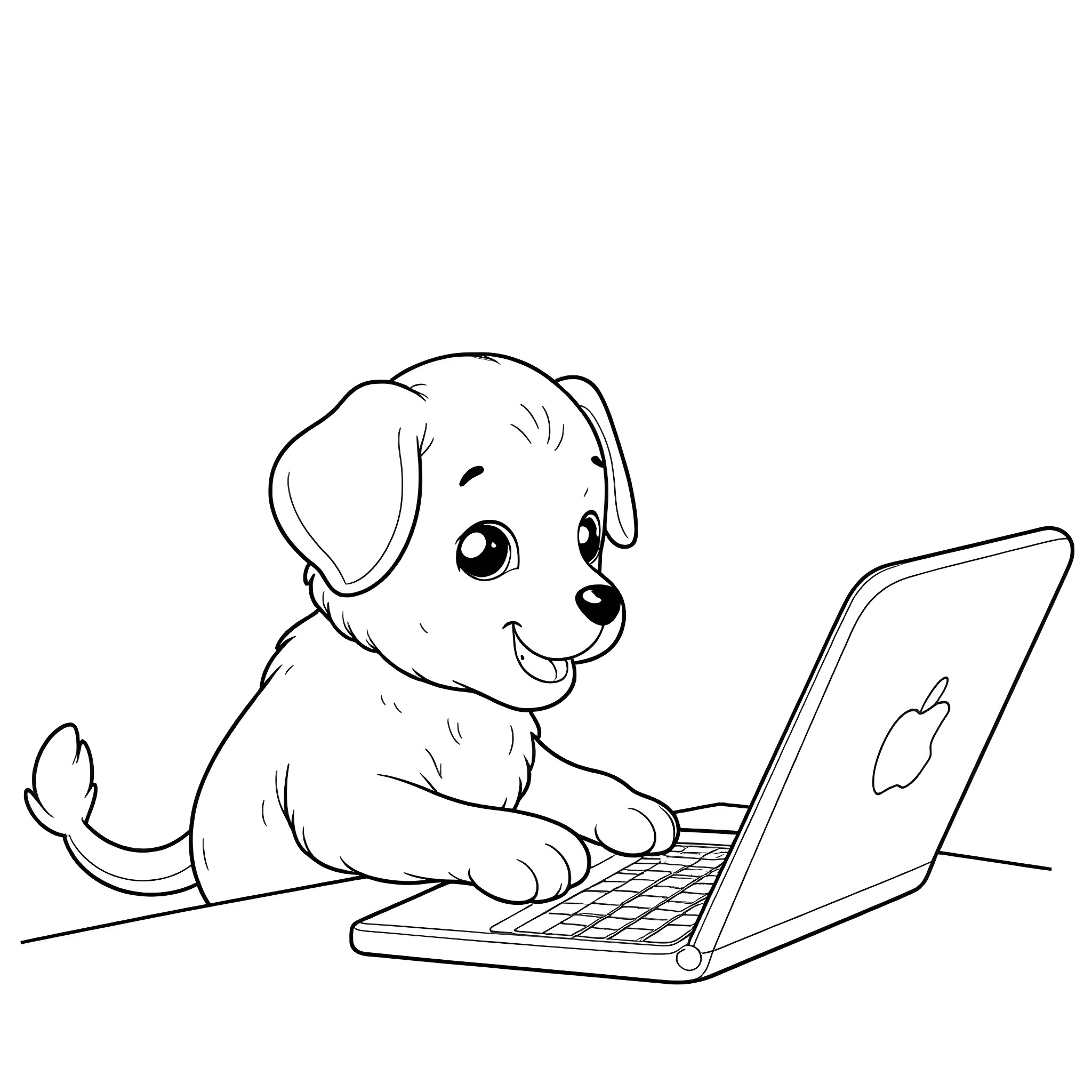 Puppy playing with laptop computer Coloring Page (free black-and-white line drawing printable PDF for all, from beginners to advanced learners, including children, teens, adults, and seniors)