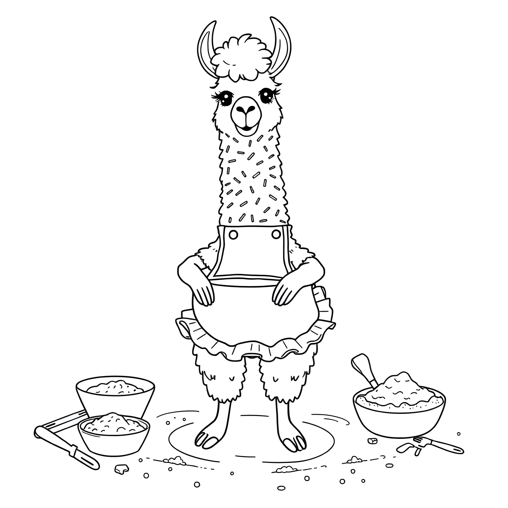 Llama cooking and baking in the kitchen Coloring Page (free black-and-white line drawing printable PDF for all, from beginners to advanced learners, including children, teens, adults, and seniors)