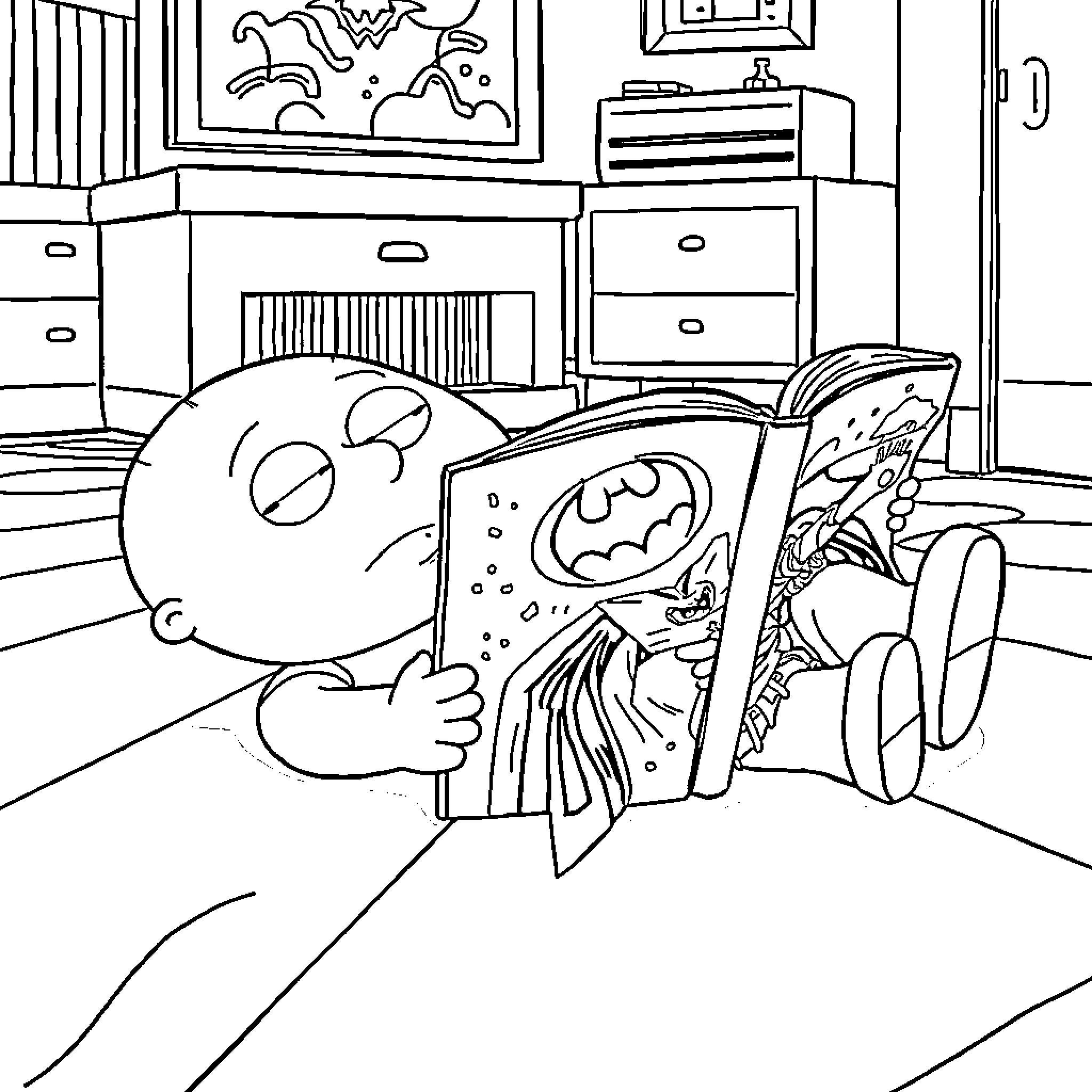 Stewie Griffin reading a Batman comic book on the couch Coloring Page (free black-and-white line drawing printable PDF for all, from beginners to advanced learners, including children, teens, adults, and seniors)