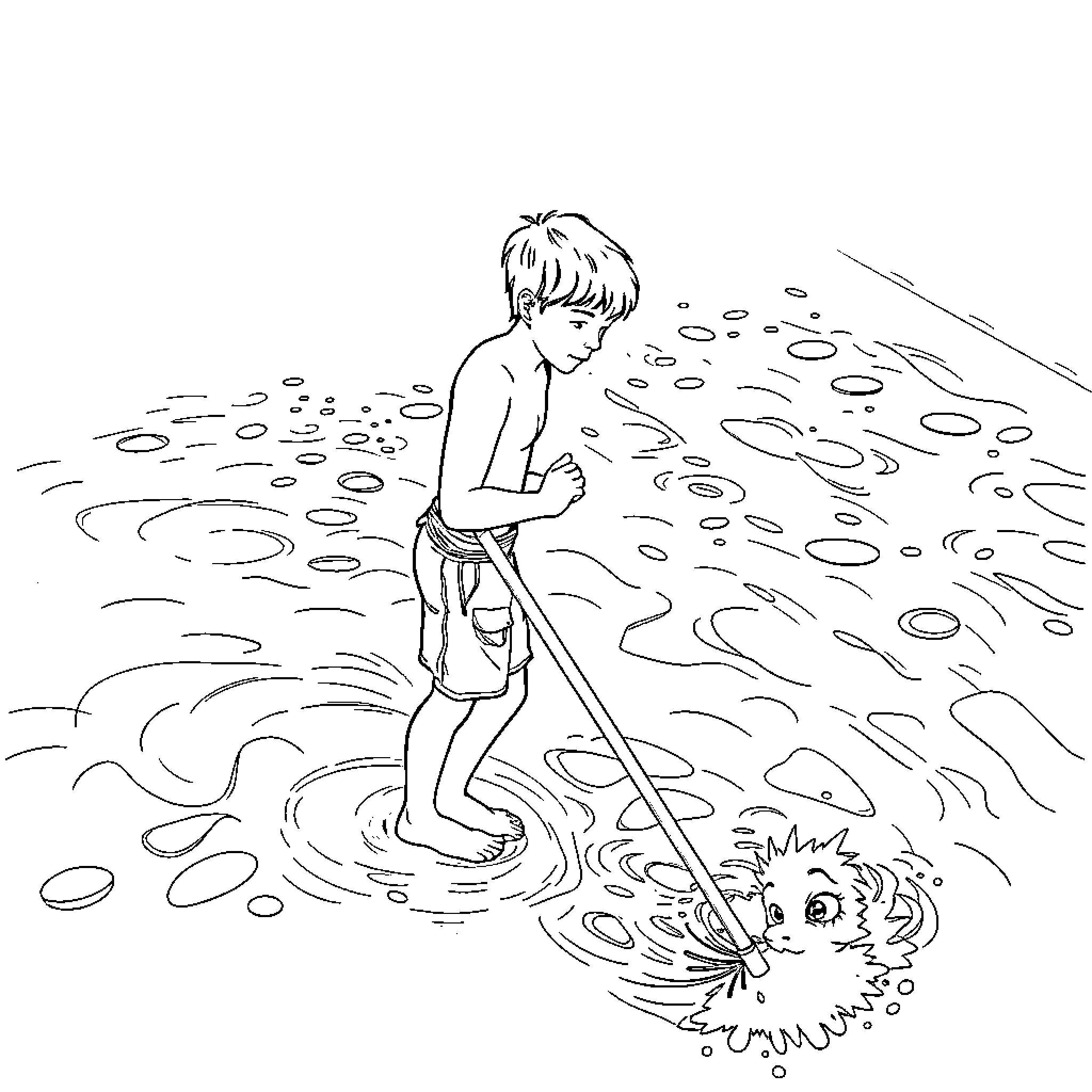 Teenager wading through a puddle Coloring Page (free black-and-white line drawing printable PDF for all, from beginners to advanced learners, including children, teens, adults, and seniors)