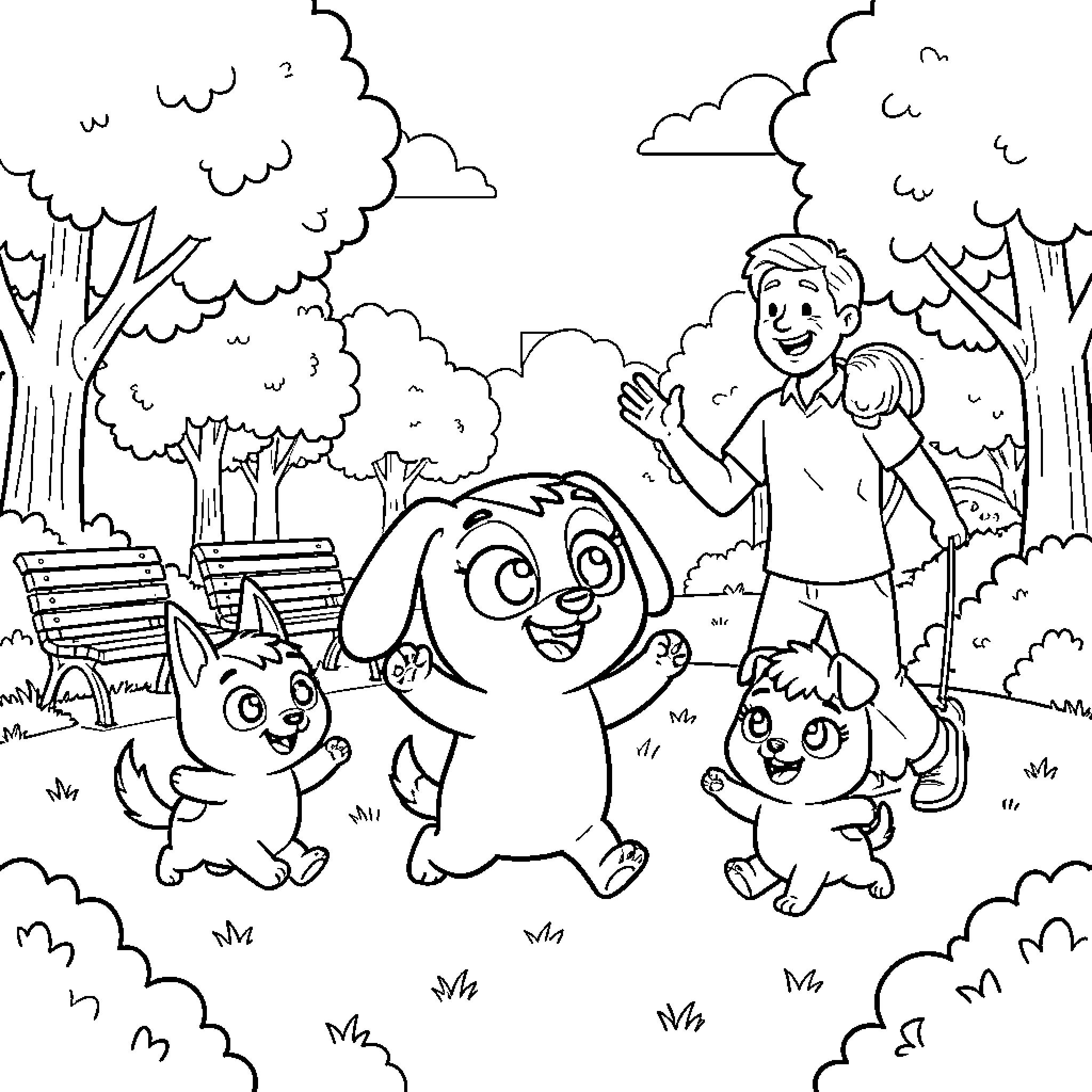 Bluey's Outdoor Adventure with Friends Coloring Page (free black-and-white line drawing printable PDF for all, from beginners to advanced learners, including children, teens, adults, and seniors)