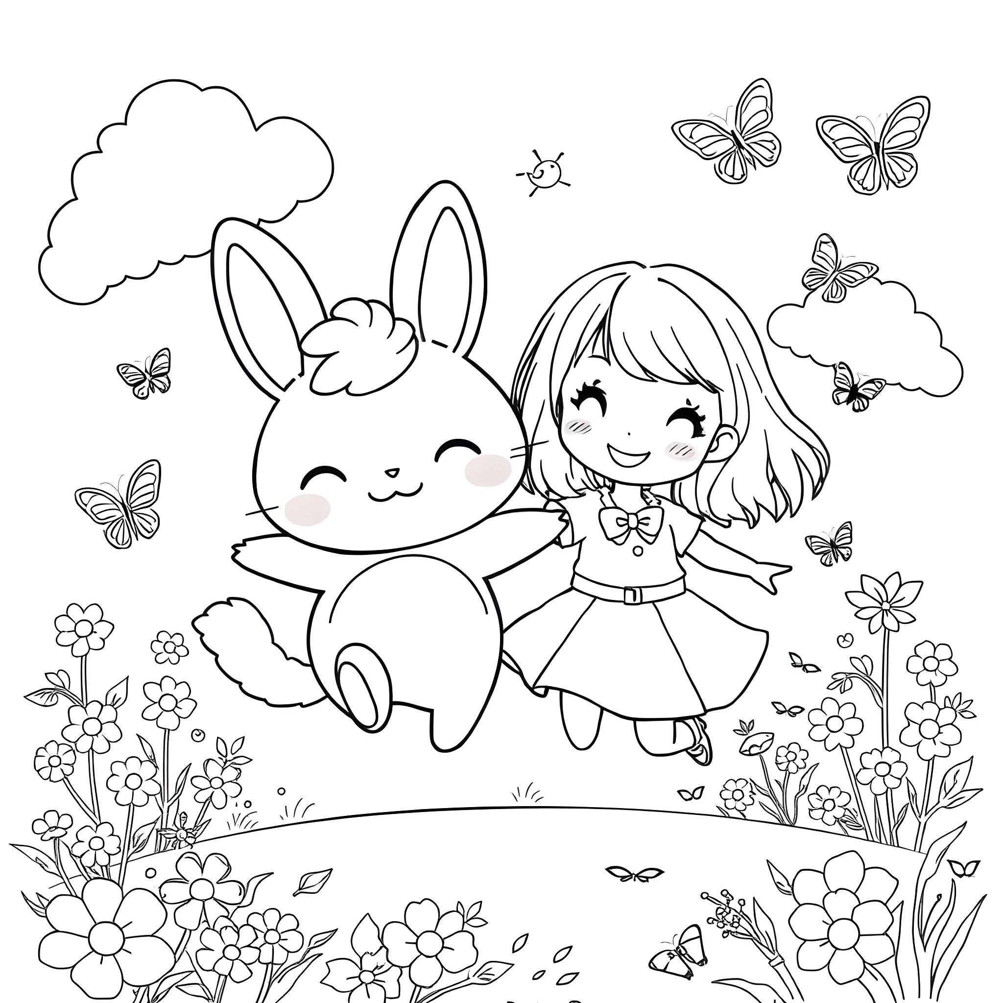 Cinnamoroll and a Girl Enjoying Outdoors Coloring Page (free black-and-white line drawing printable PDF for all, from beginners to advanced learners, including children, teens, adults, and seniors)