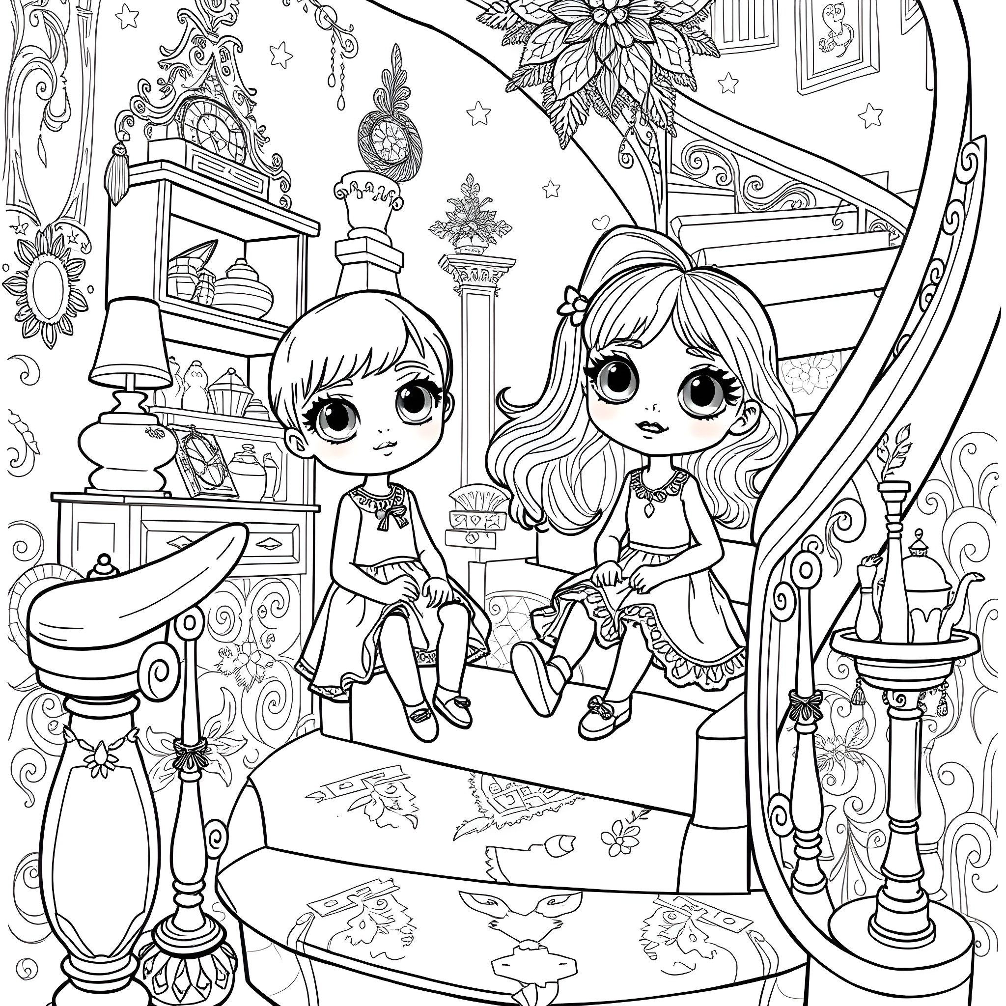 Doll Friends Explore Cozy Ornate Home Coloring Page (free black-and-white line drawing printable PDF for all, from beginners to advanced learners, including children, teens, adults, and seniors)