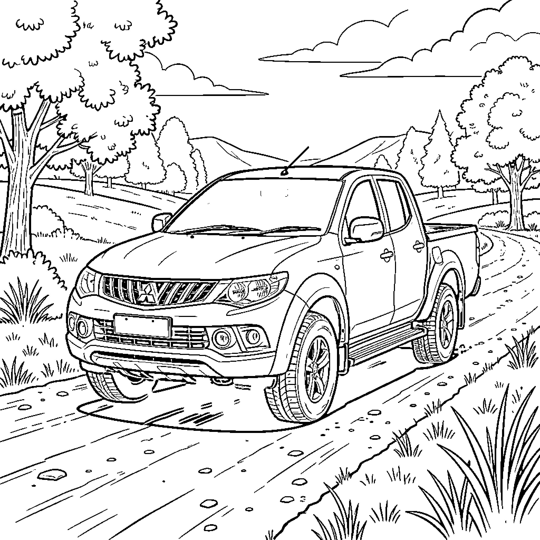 Mitsubishi Triton driving on a scenic dirt road Coloring Page (free black-and-white line drawing printable PDF for all, from beginners to advanced learners, including children, teens, adults, and seniors)