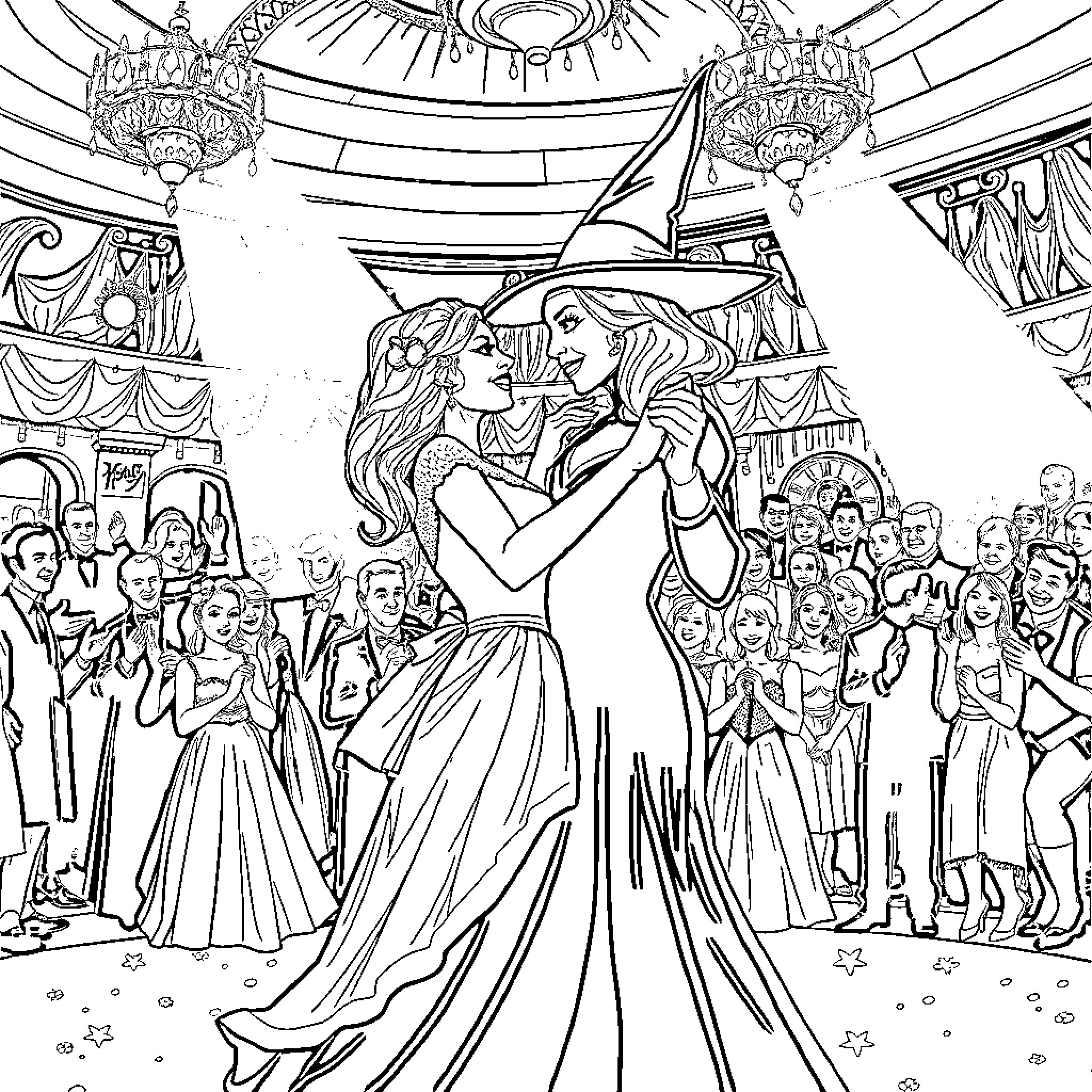 Wicked Couple's Enchanting Dance at Grand Gala Coloring Page (free black-and-white line drawing printable PDF for all, from beginners to advanced learners, including children, teens, adults, and seniors)