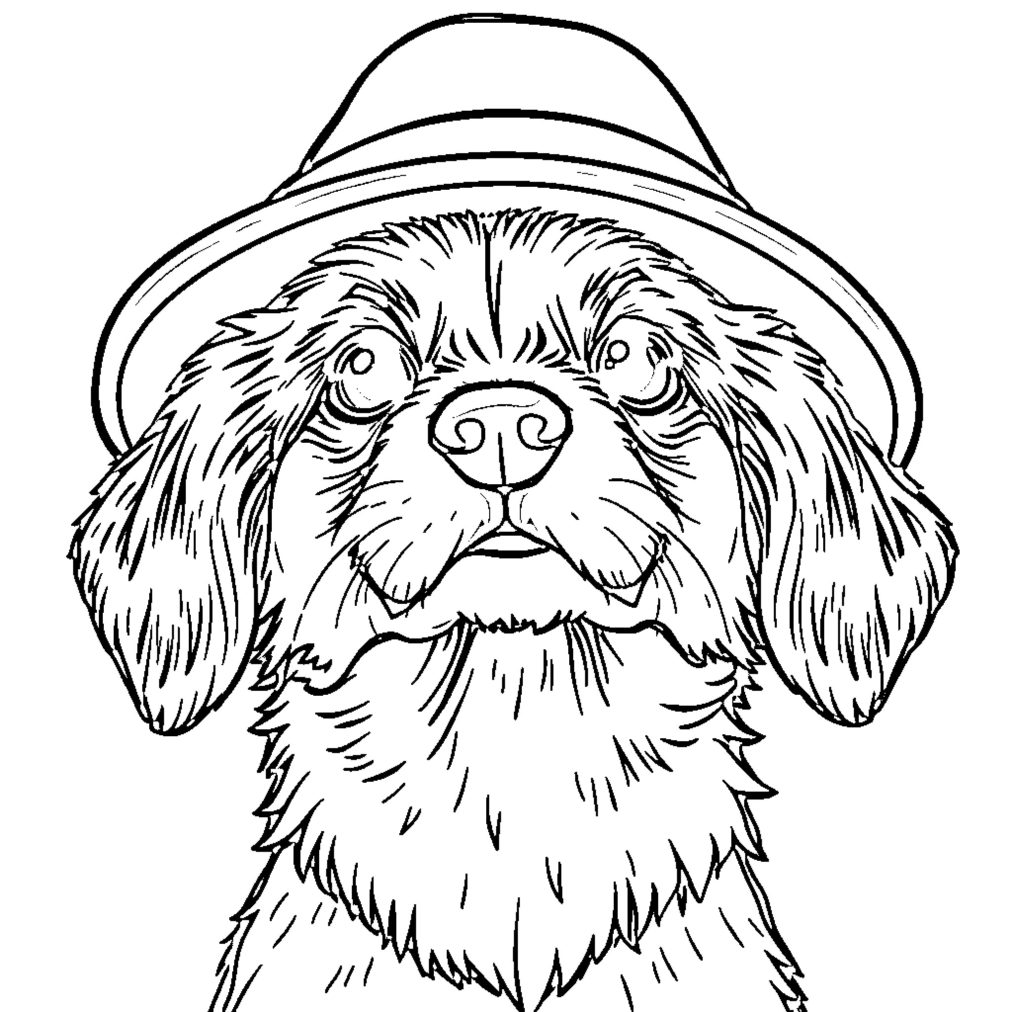 Dog wearing a hat with a big smile Coloring Page (free black-and-white line drawing printable PDF for all, from beginners to advanced learners, including children, teens, adults, and seniors)