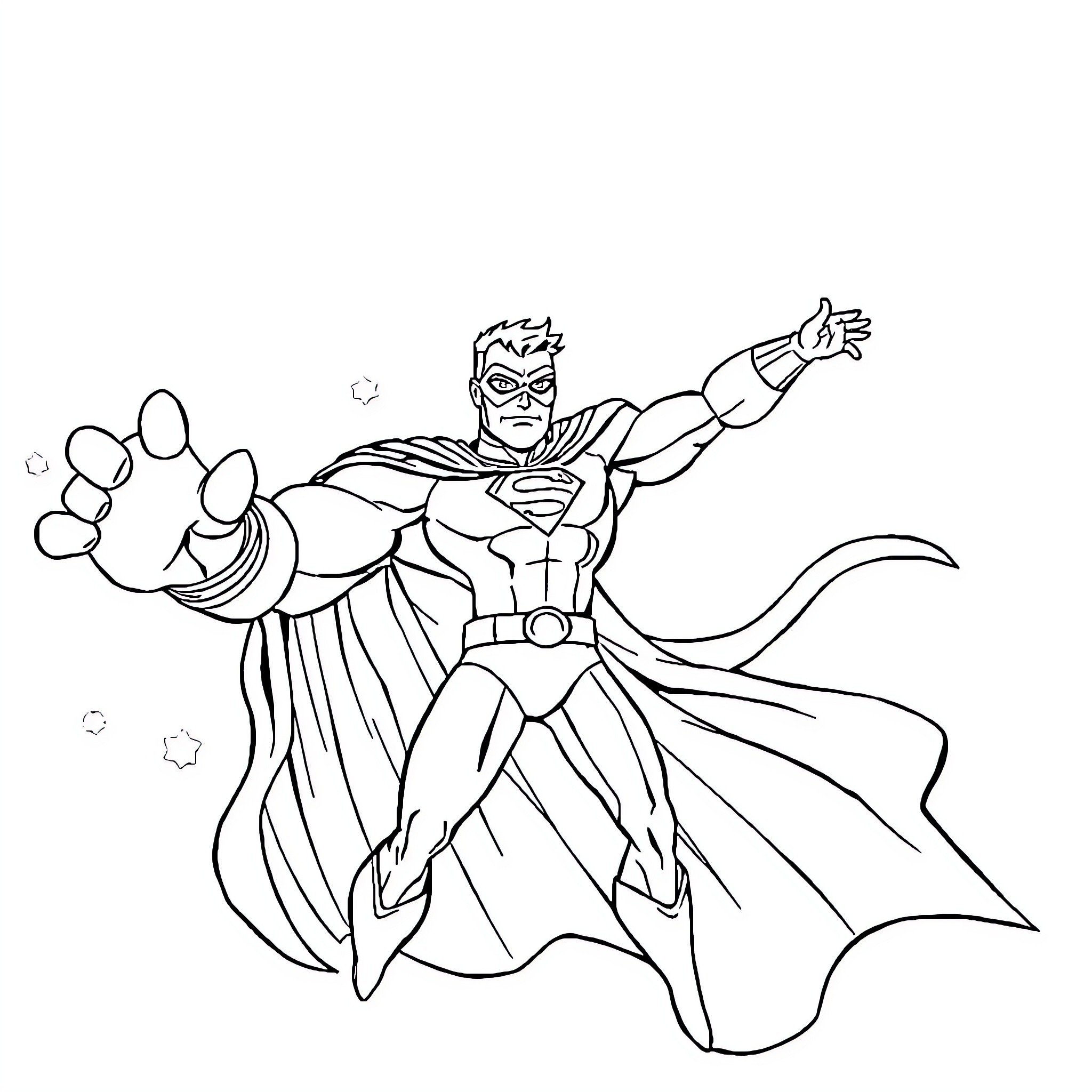 Human superhero in action pose with cape Coloring Page (free black-and-white line drawing printable PDF for all, from beginners to advanced learners, including children, teens, adults, and seniors)