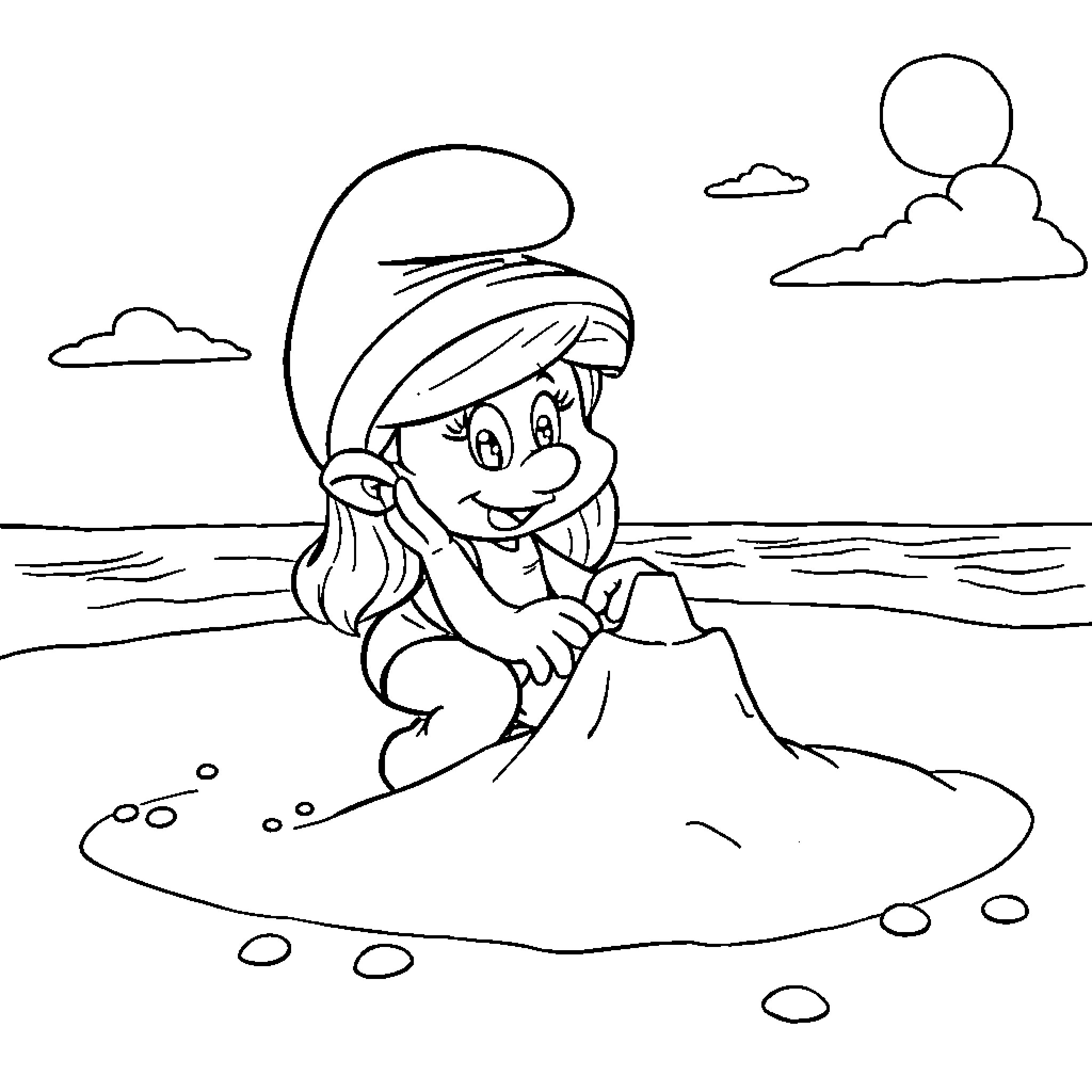 Smurfette playing in the waves on the beach Coloring Page (free black-and-white line drawing printable PDF for all, from beginners to advanced learners, including children, teens, adults, and seniors)