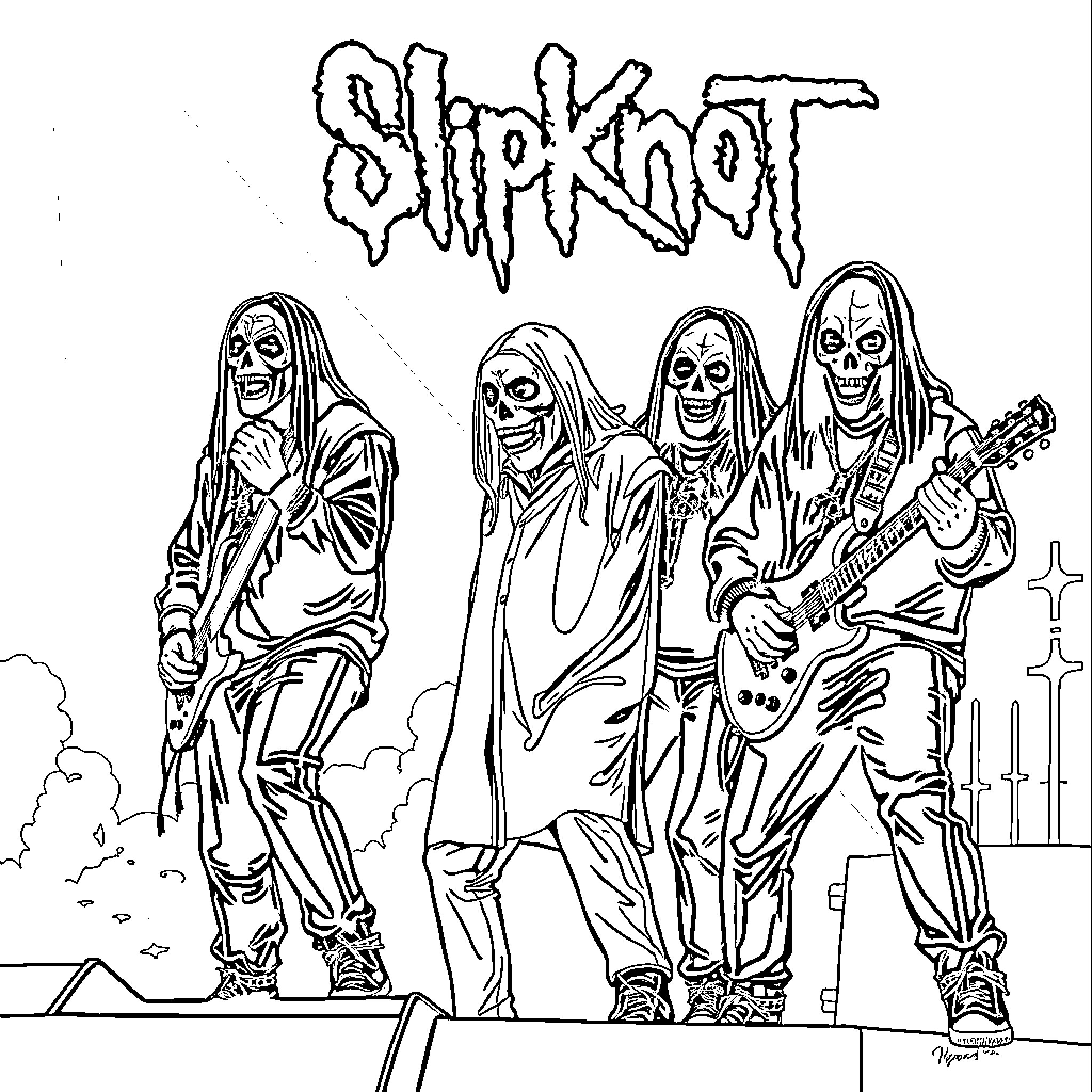Slipknot: Metal Heads Rocking the Stage Coloring Page (free black-and-white line drawing printable PDF for all, from beginners to advanced learners, including children, teens, adults, and seniors)