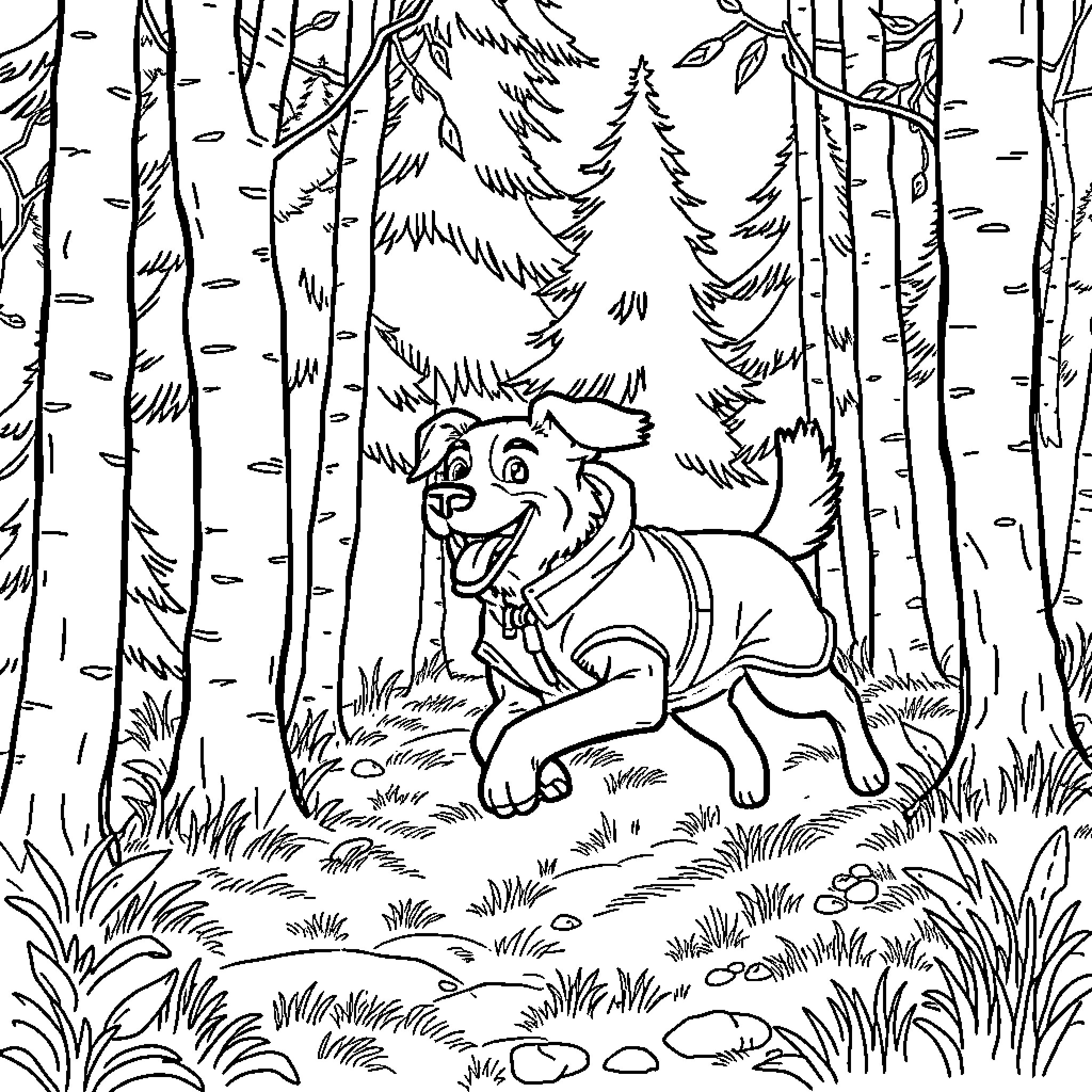 Dog playing joyfully in the forest Coloring Page (free black-and-white line drawing printable PDF for all, from beginners to advanced learners, including children, teens, adults, and seniors)