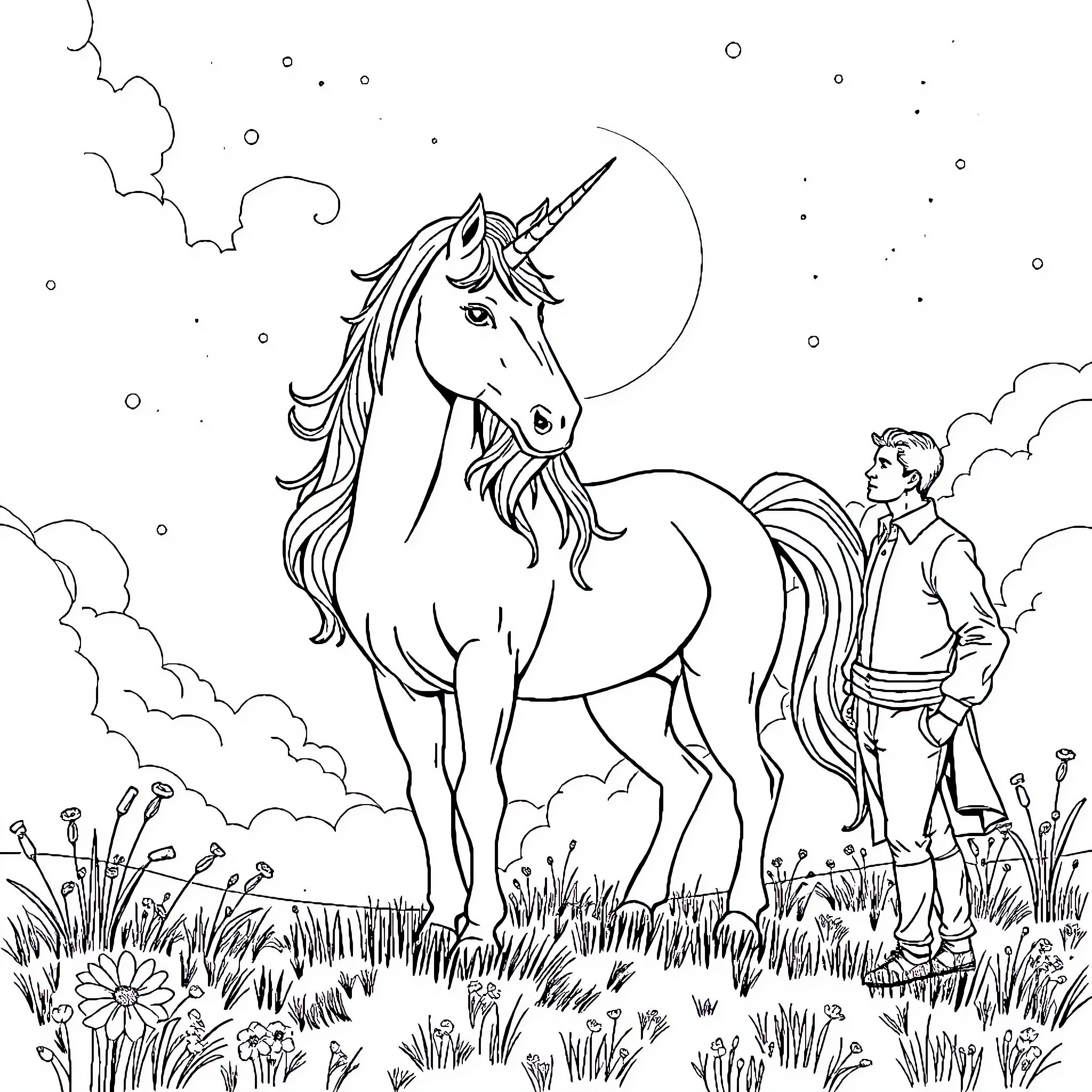 Unicorn stands proudly in the moonlit meadow Coloring Page (free black-and-white line drawing printable PDF for all, from beginners to advanced learners, including children, teens, adults, and seniors)