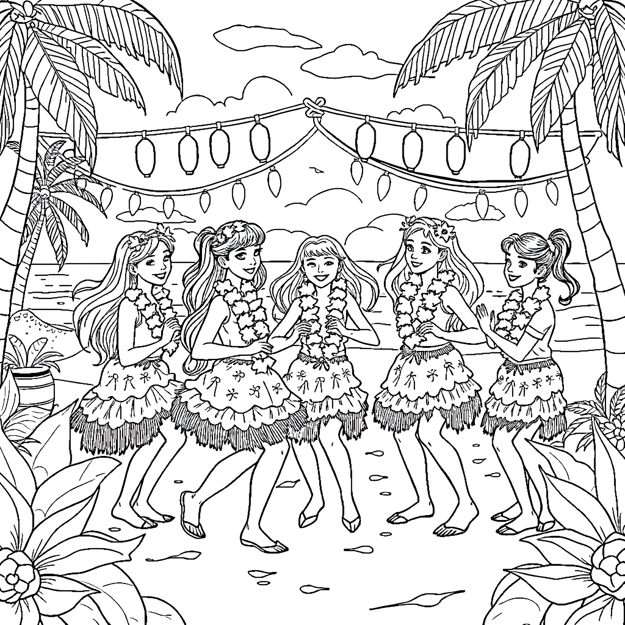 Girl Scout Troop Celebrates Luau in Tropical Paradise Coloring Page (free black-and-white line drawing printable PDF for all, from beginners to advanced learners, including children, teens, adults, and seniors)