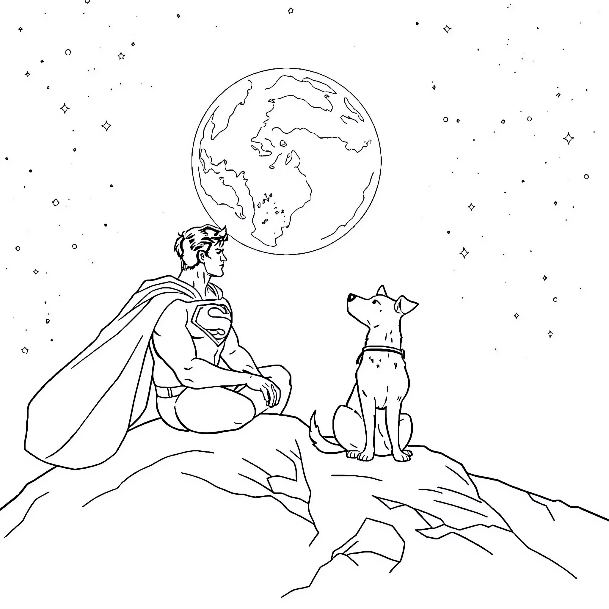 Superman gazing at the Earth with his loyal companion Coloring Page (free black-and-white line drawing printable PDF for all, from beginners to advanced learners, including children, teens, adults, and seniors)