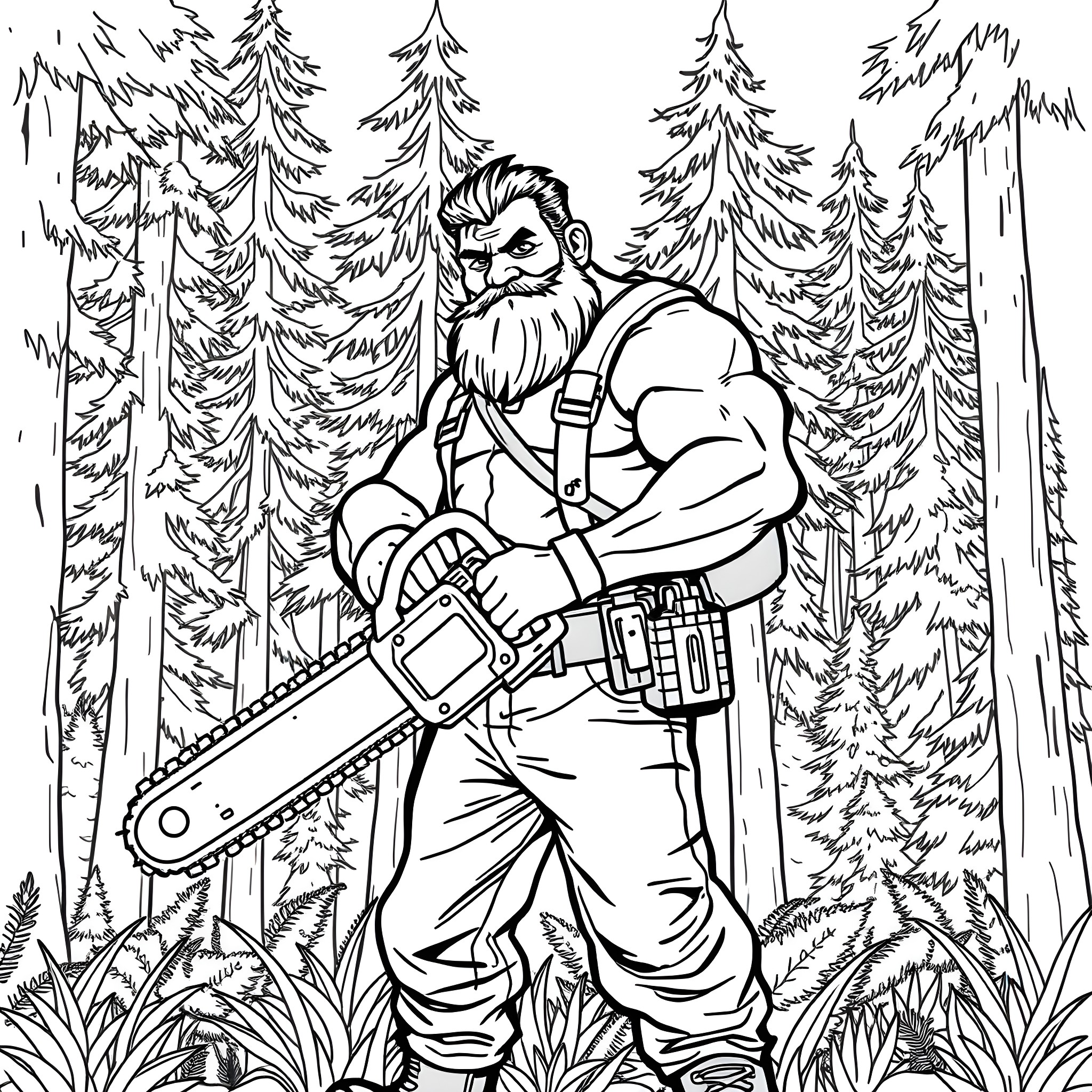 Man with rugged appearance using chainsaw in the forest Coloring Page (free black-and-white line drawing printable PDF for all, from beginners to advanced learners, including children, teens, adults, and seniors)