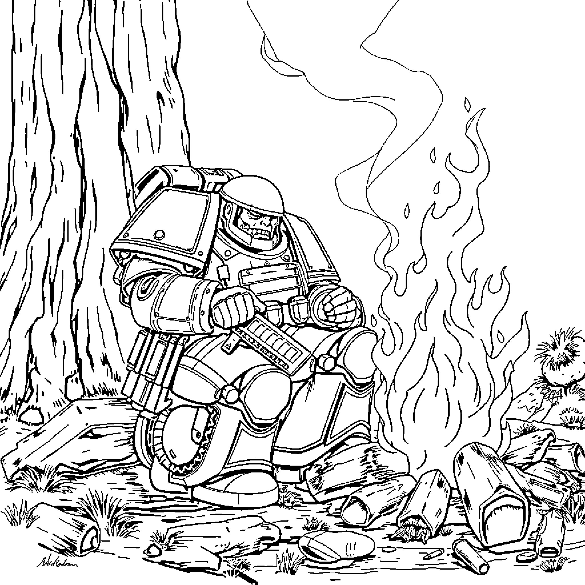 Space Marine braving the devastated battlefield Coloring Page (free black-and-white line drawing printable PDF for all, from beginners to advanced learners, including children, teens, adults, and seniors)