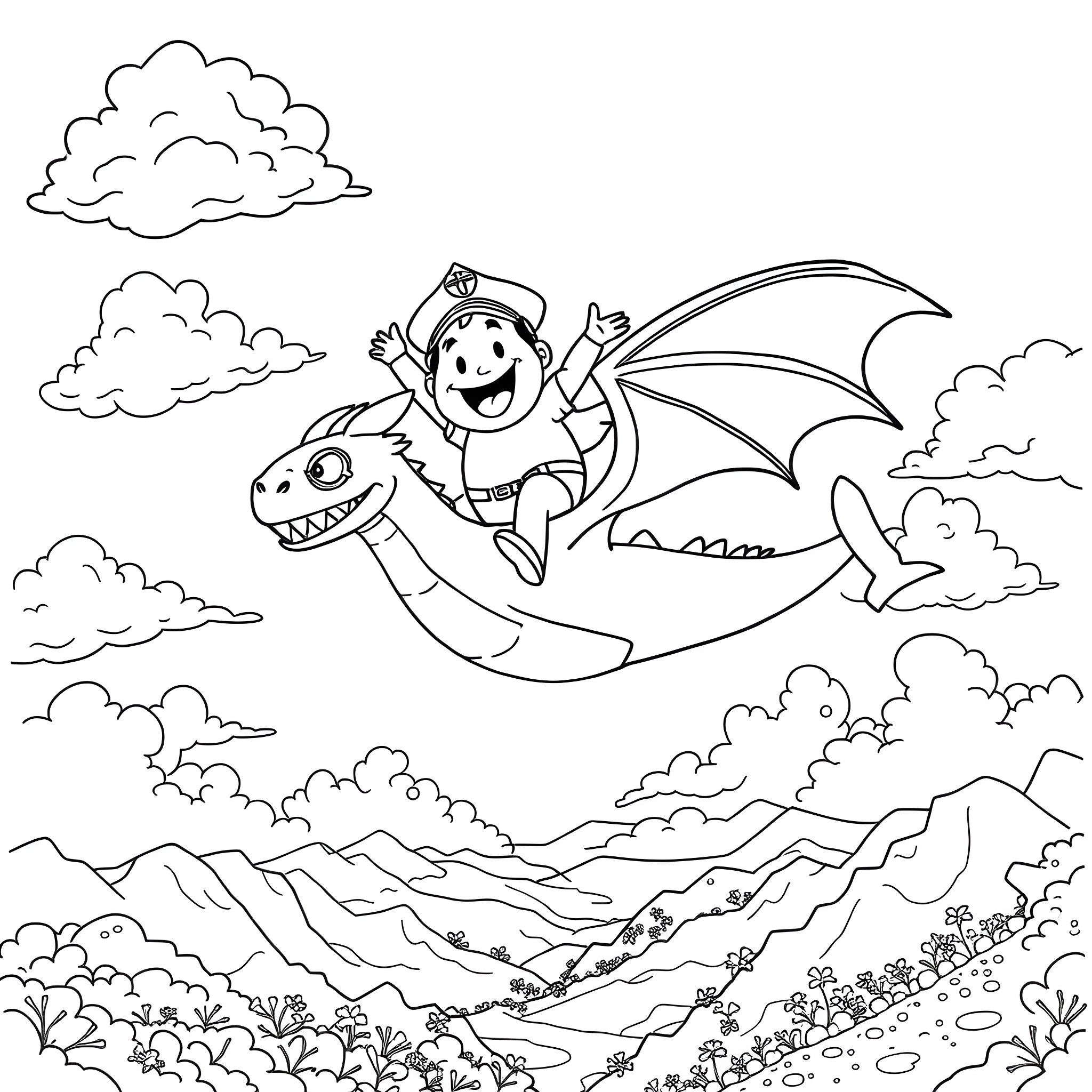 Captain Underpants Flies on a Dragon through the Clouds Coloring Page (free black-and-white line drawing printable PDF for all, from beginners to advanced learners, including children, teens, adults, and seniors)