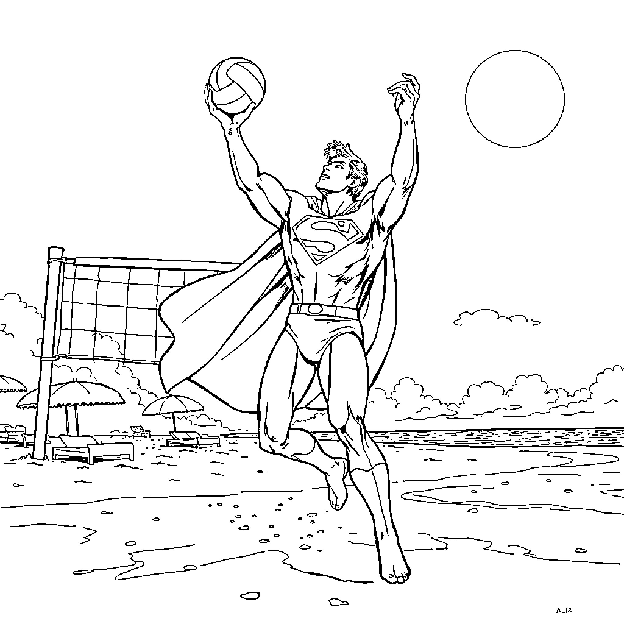 Superman playing volleyball with superpowers on the beach Coloring Page (free black-and-white line drawing printable PDF for all, from beginners to advanced learners, including children, teens, adults, and seniors)