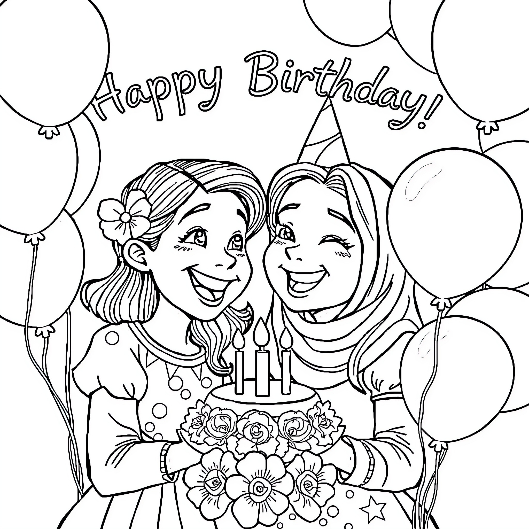 Gabby celebrating happy birthday with friend Coloring Page (free black-and-white line drawing printable PDF for all, from beginners to advanced learners, including children, teens, adults, and seniors)