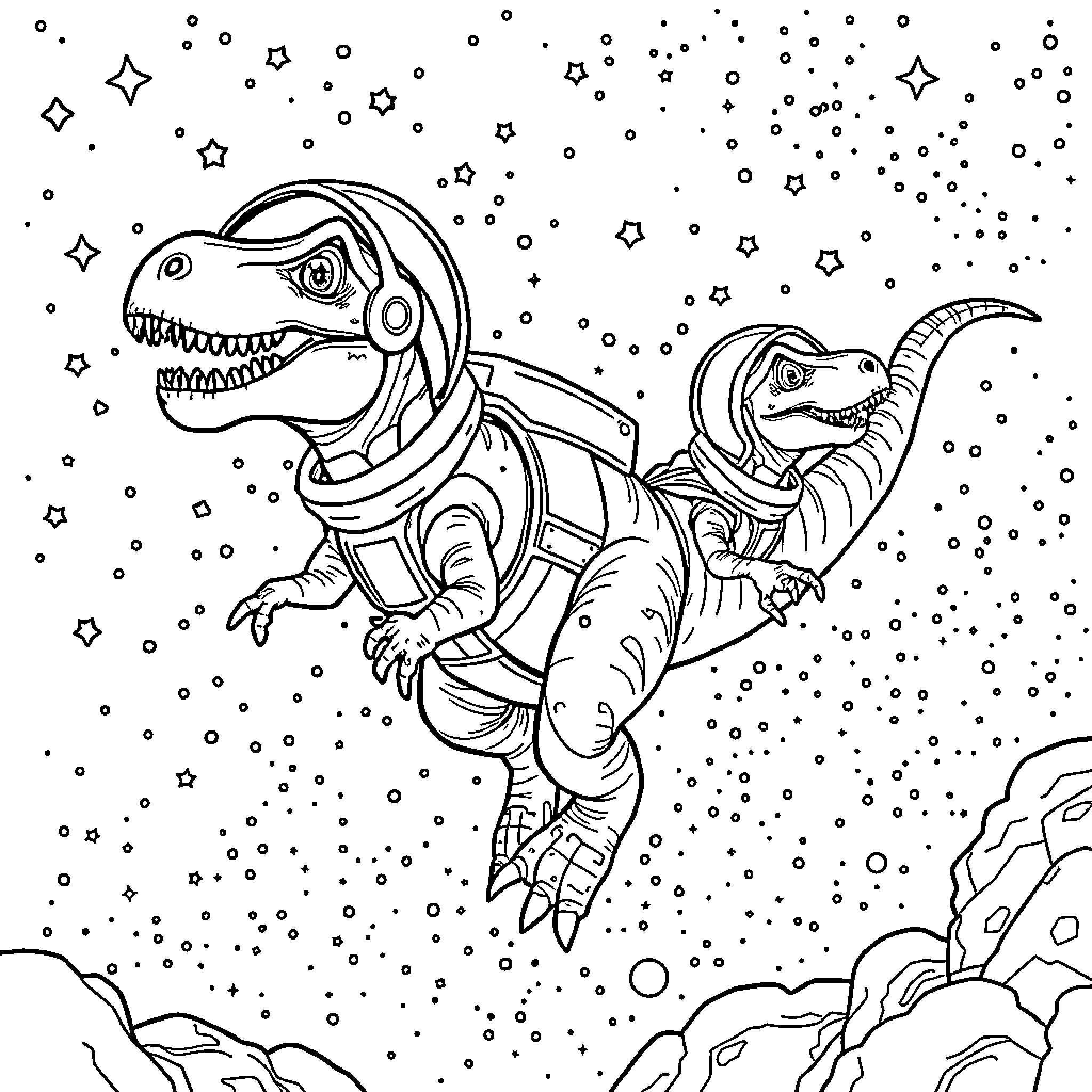 Dinosaur Robots Exploring the Starry Night Sky Coloring Page (free black-and-white line drawing printable PDF for all, from beginners to advanced learners, including children, teens, adults, and seniors)