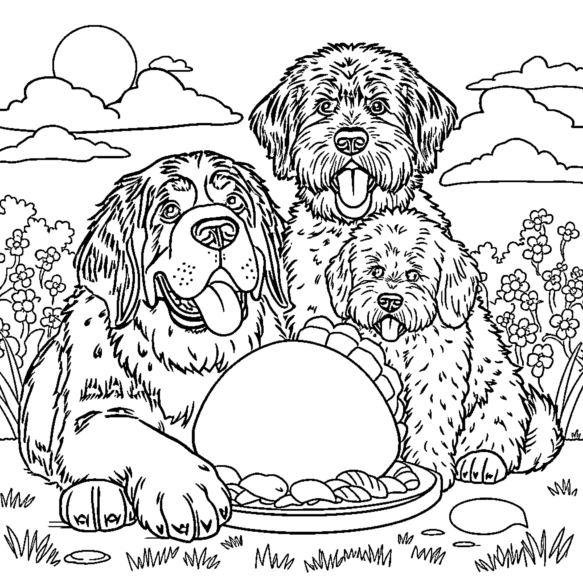 Dog trio playing happily in the park Coloring Page (free black-and-white line drawing printable PDF for all, from beginners to advanced learners, including children, teens, adults, and seniors)