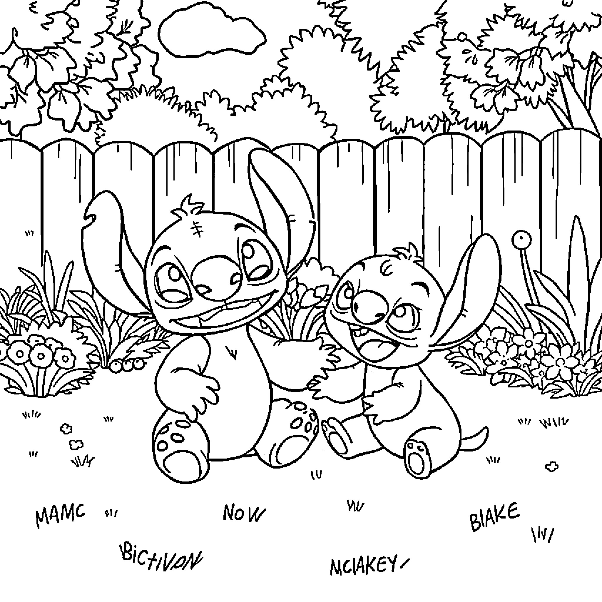 Stitch and Scrump playing in the garden Coloring Page (free black-and-white line drawing printable PDF for all, from beginners to advanced learners, including children, teens, adults, and seniors)