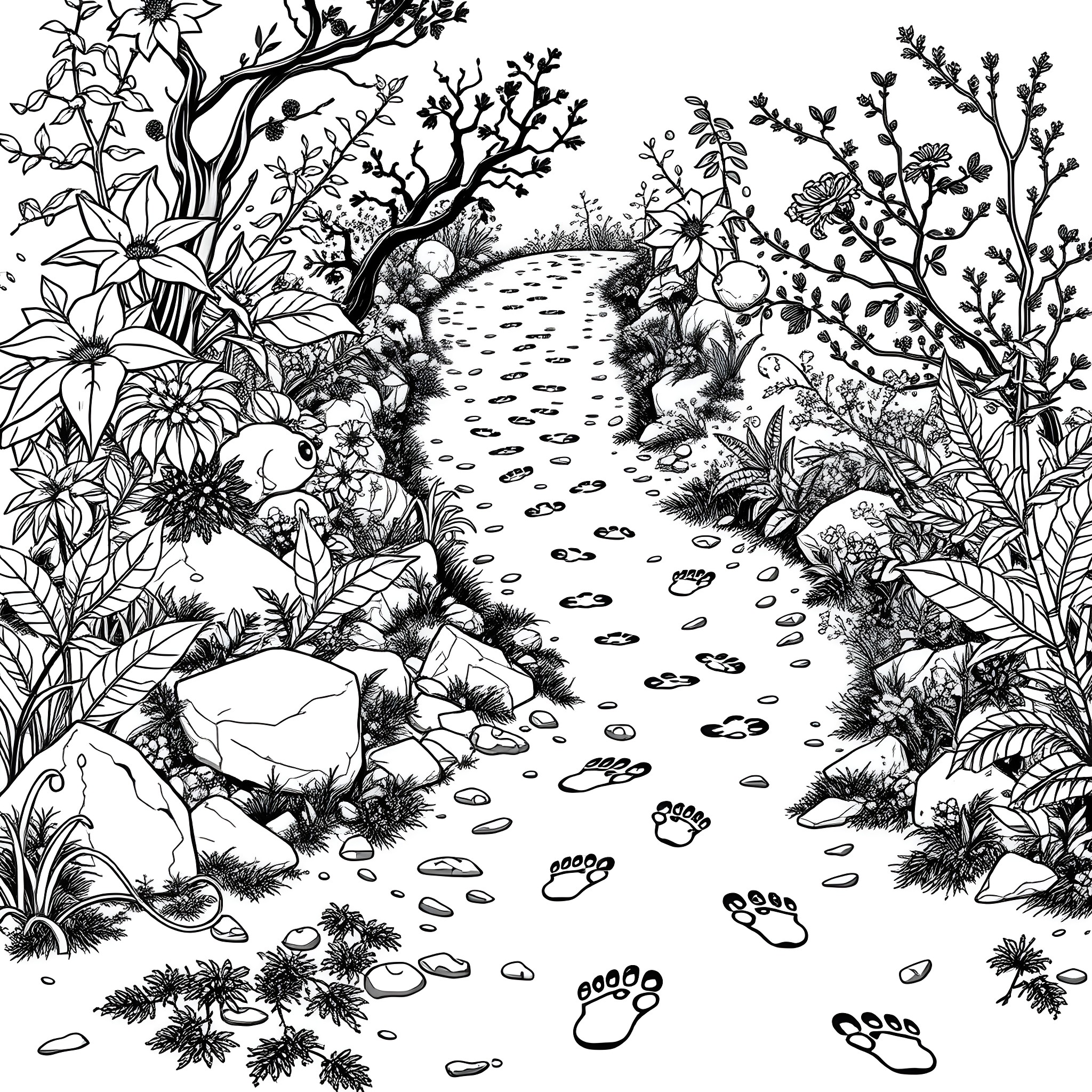 Animal Footprint in the Enchanting Garden Coloring Page (free black-and-white line drawing printable PDF for all, from beginners to advanced learners, including children, teens, adults, and seniors)