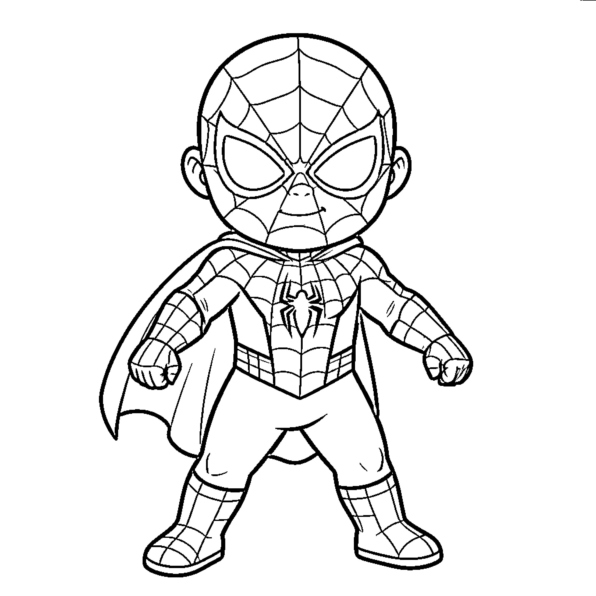 Spiderman wearing a cape in a heroic pose Coloring Page (free black-and-white line drawing printable PDF for all, from beginners to advanced learners, including children, teens, adults, and seniors)