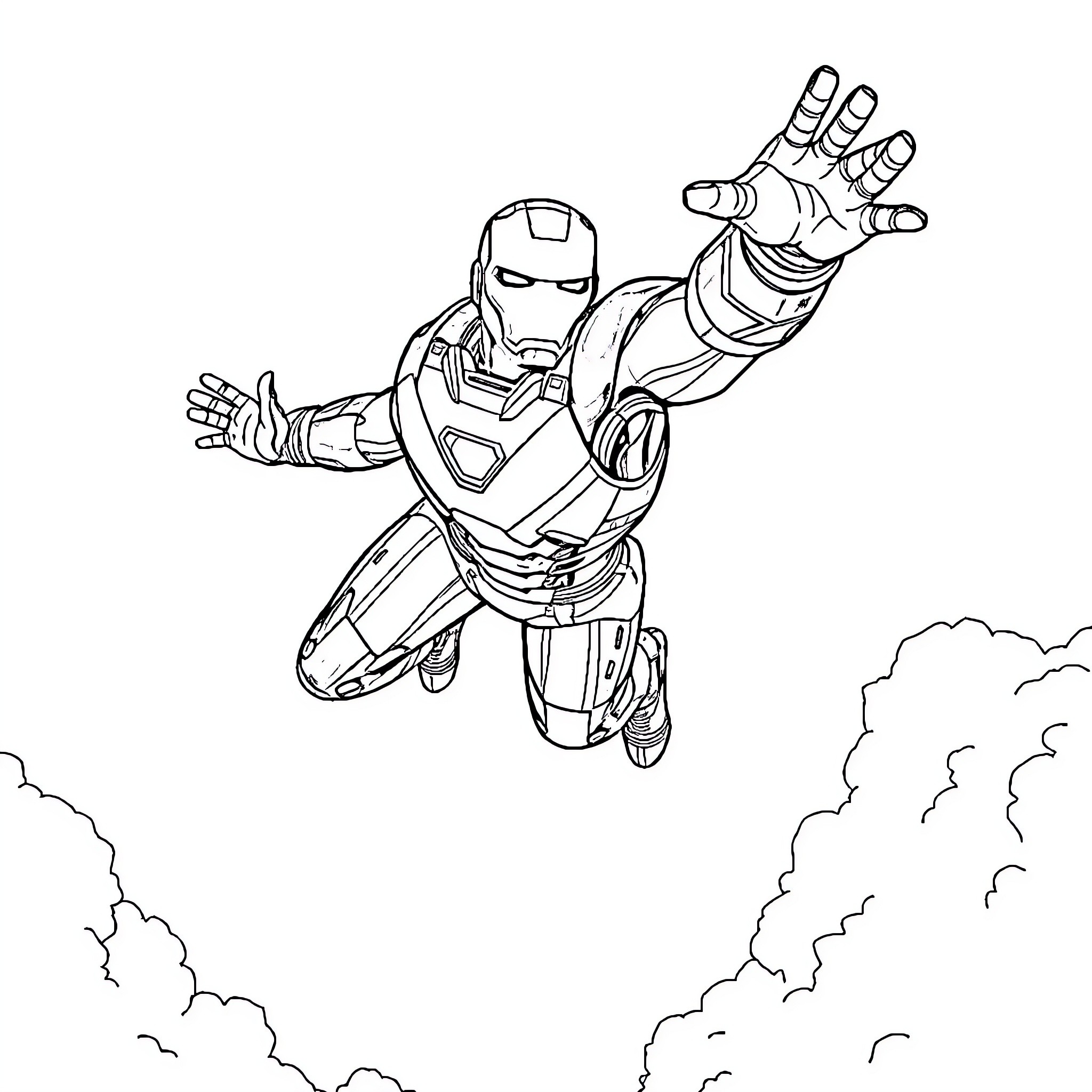 Iron Man soaring through the sky in action Coloring Page (free black-and-white line drawing printable PDF for all, from beginners to advanced learners, including children, teens, adults, and seniors)