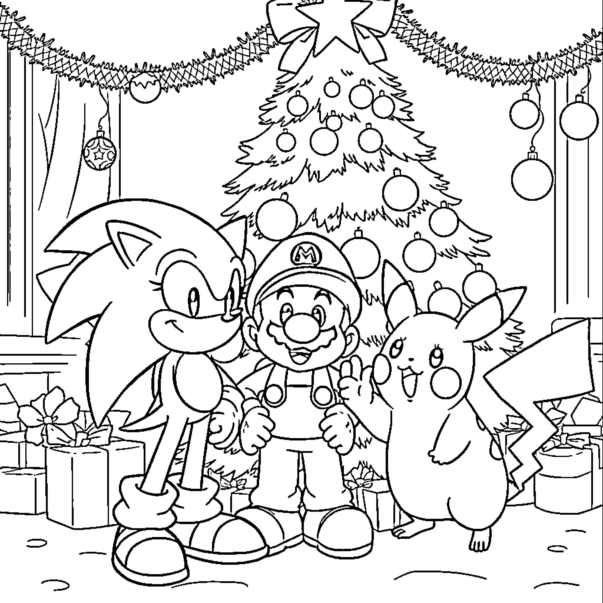 Sonic and Friends Celebrate Christmas Together Coloring Page (free black-and-white line drawing printable PDF for all, from beginners to advanced learners, including children, teens, adults, and seniors)