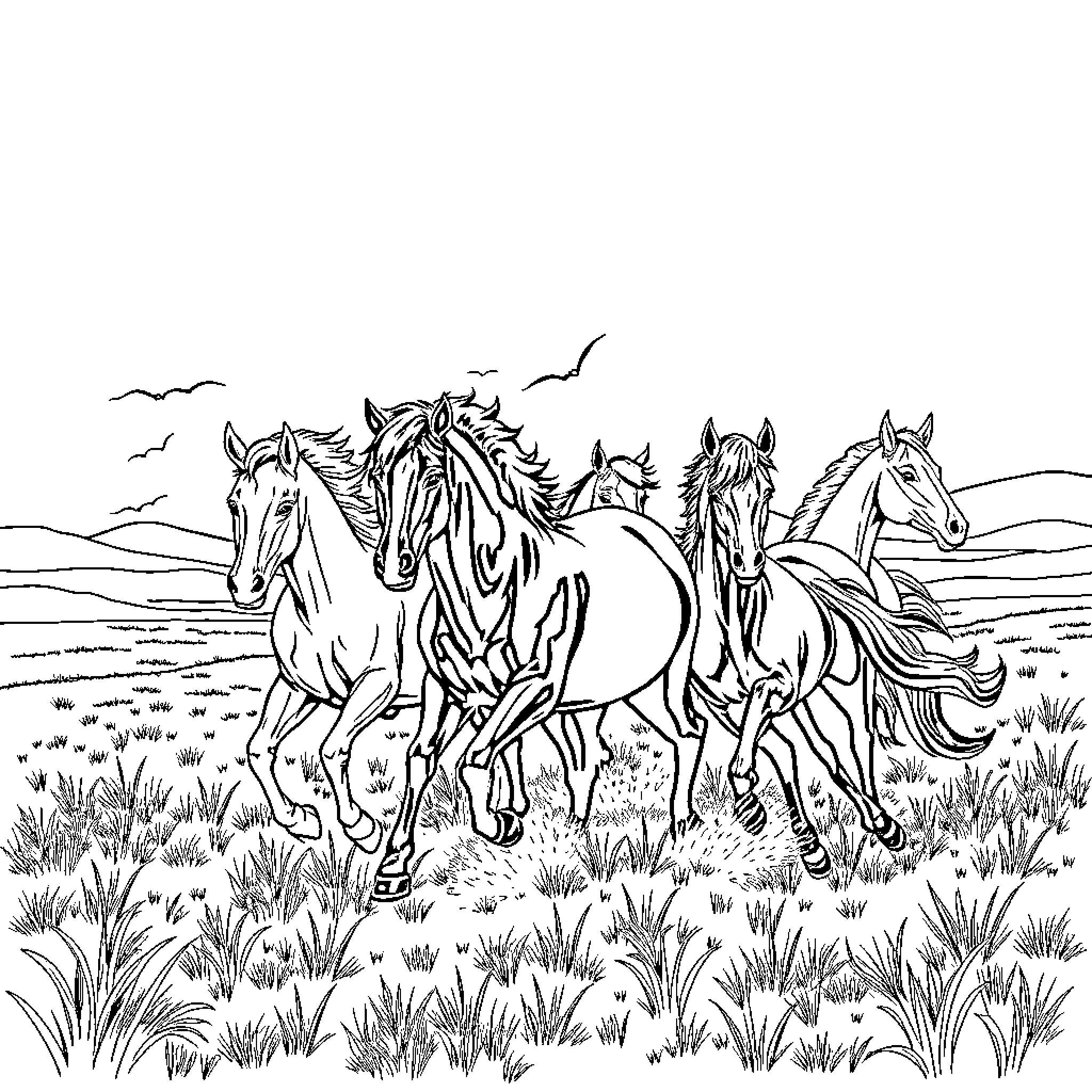 Mustang Herd Galloping Across the Meadow Coloring Page (free black-and-white line drawing printable PDF for all, from beginners to advanced learners, including children, teens, adults, and seniors)