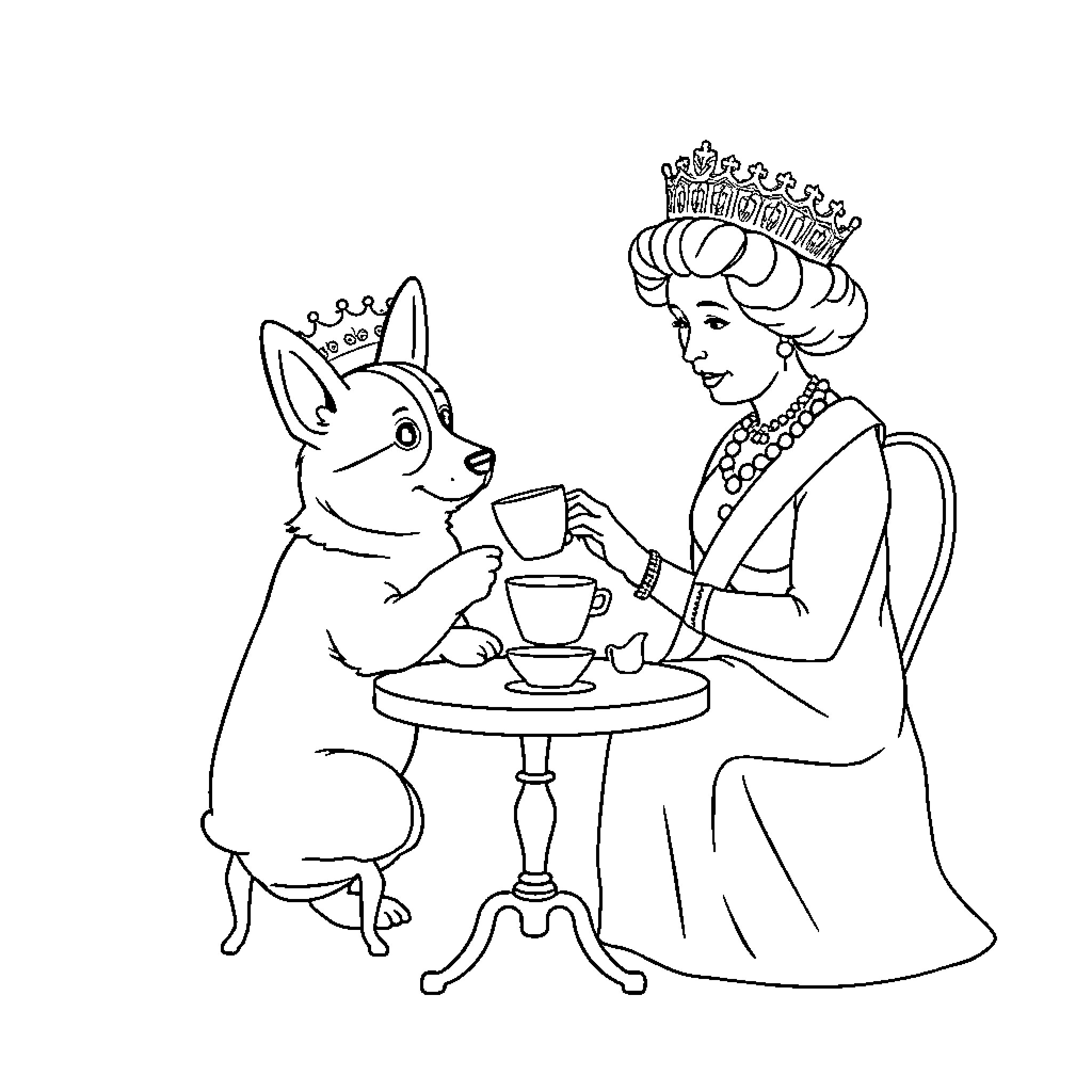 Corgi and Queen Enjoying Tea Together Coloring Page (free black-and-white line drawing printable PDF for all, from beginners to advanced learners, including children, teens, adults, and seniors)