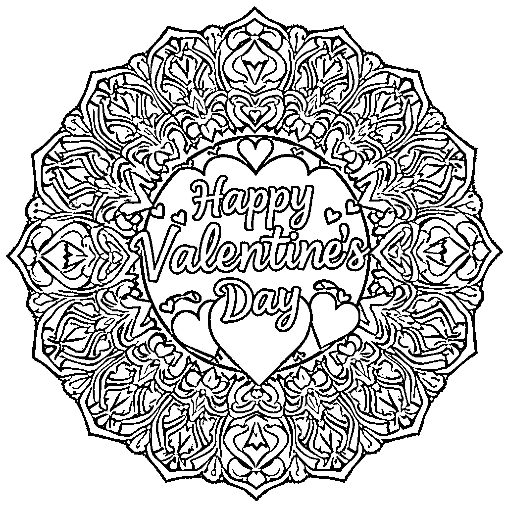 Heart-shaped mandala with Happy Valentine's Day message Coloring Page (free black-and-white line drawing printable PDF for all, from beginners to advanced learners, including children, teens, adults, and seniors)