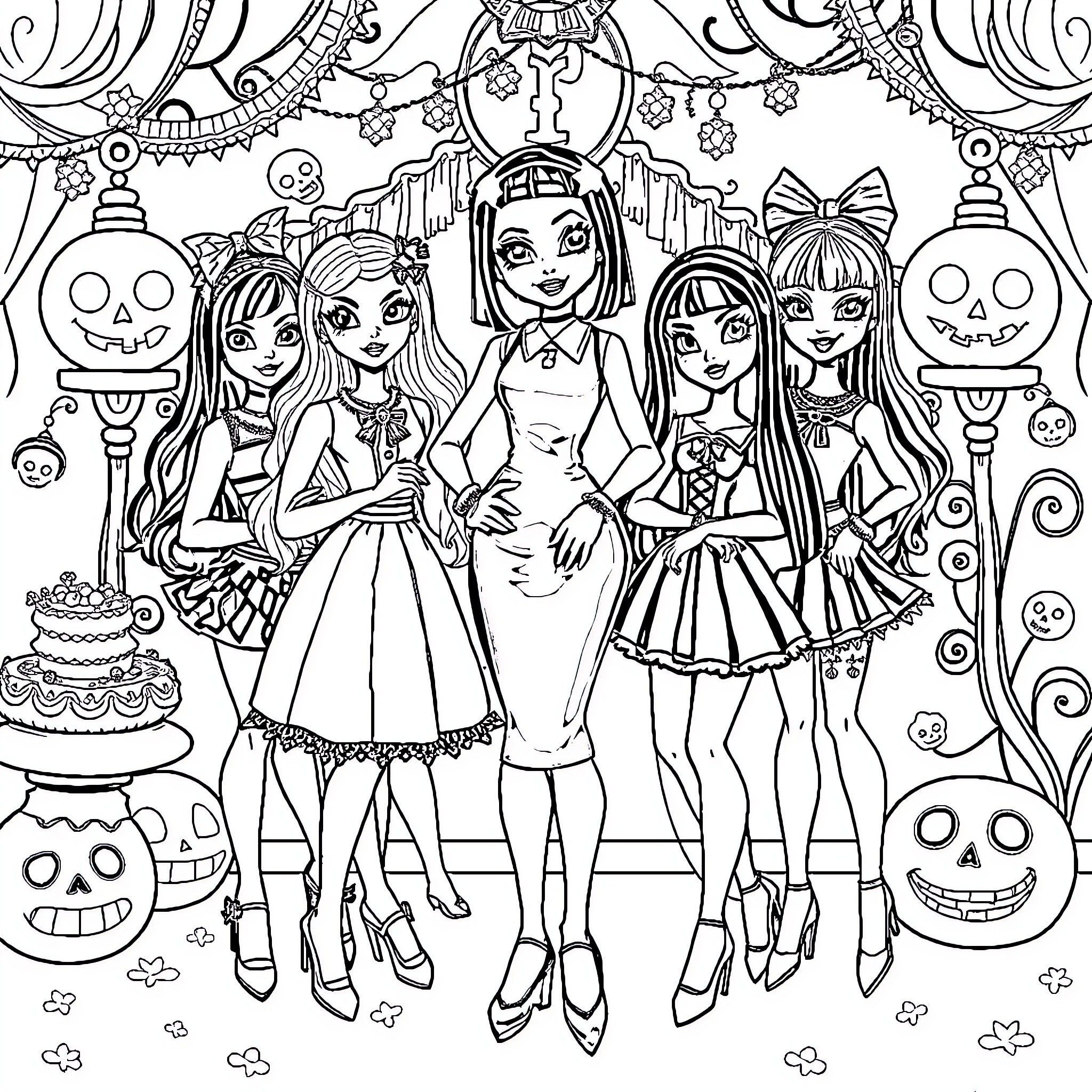 Wednesday Addams and her friends in a whimsical Halloween scene Coloring Page (free black-and-white line drawing printable PDF for all, from beginners to advanced learners, including children, teens, adults, and seniors)