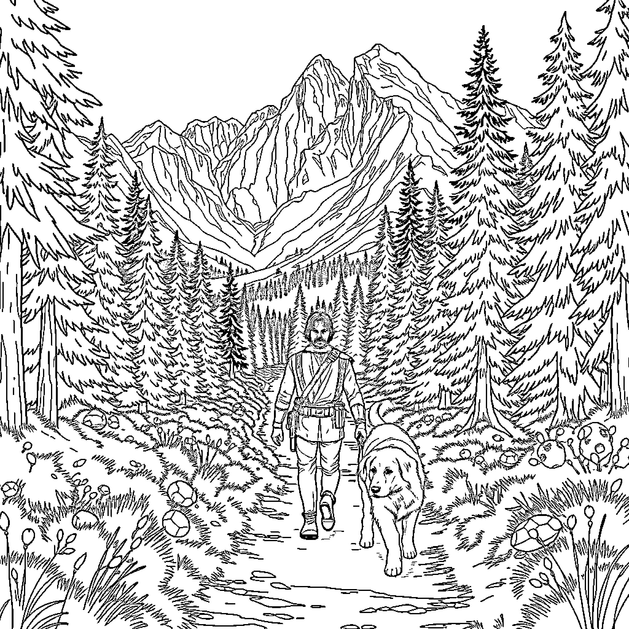 Luke Skywalker's adventure in the wilderness Coloring Page (free black-and-white line drawing printable PDF for all, from beginners to advanced learners, including children, teens, adults, and seniors)