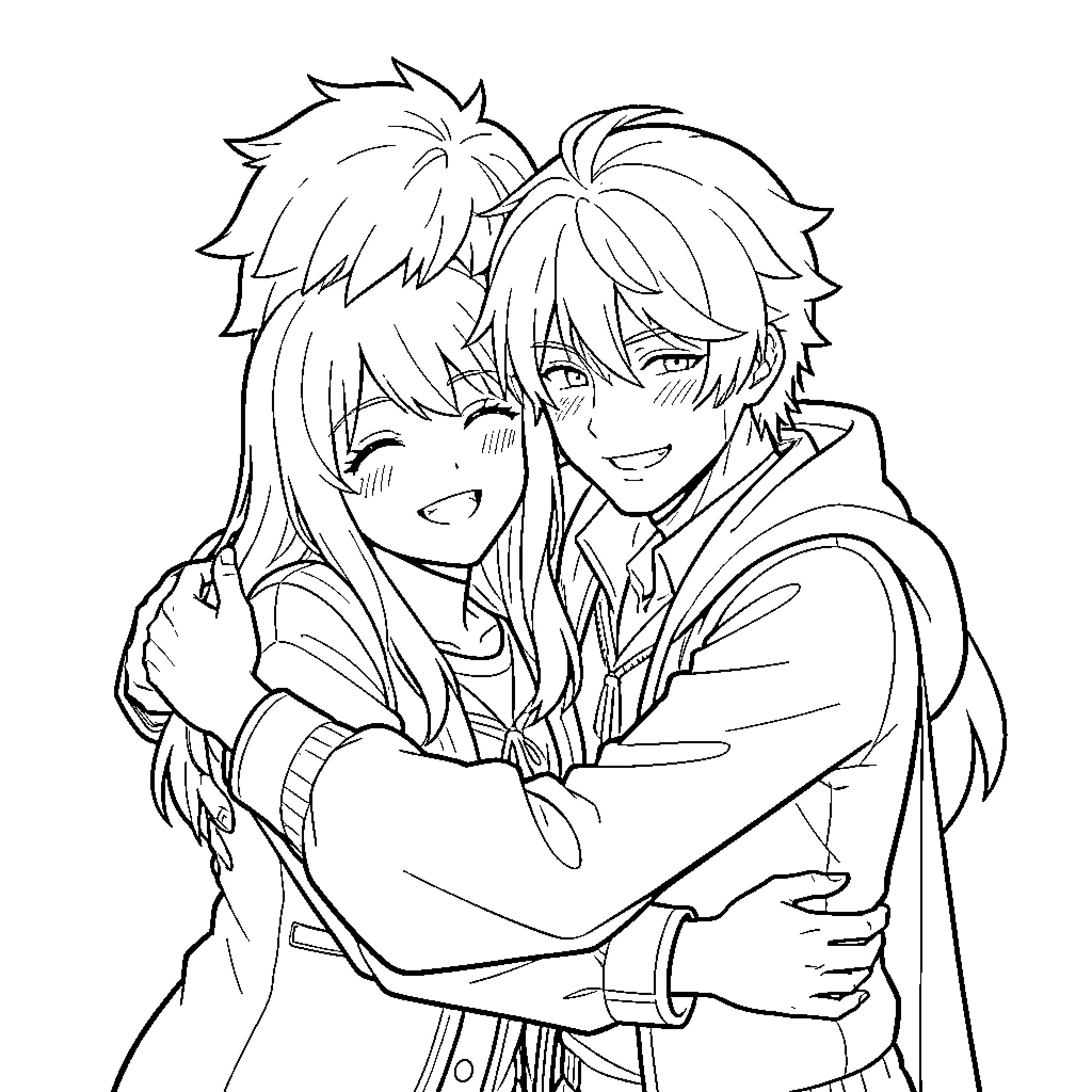 Rimuru Tempest hugging a friend with a happy expression Coloring Page (free black-and-white line drawing printable PDF for all, from beginners to advanced learners, including children, teens, adults, and seniors)