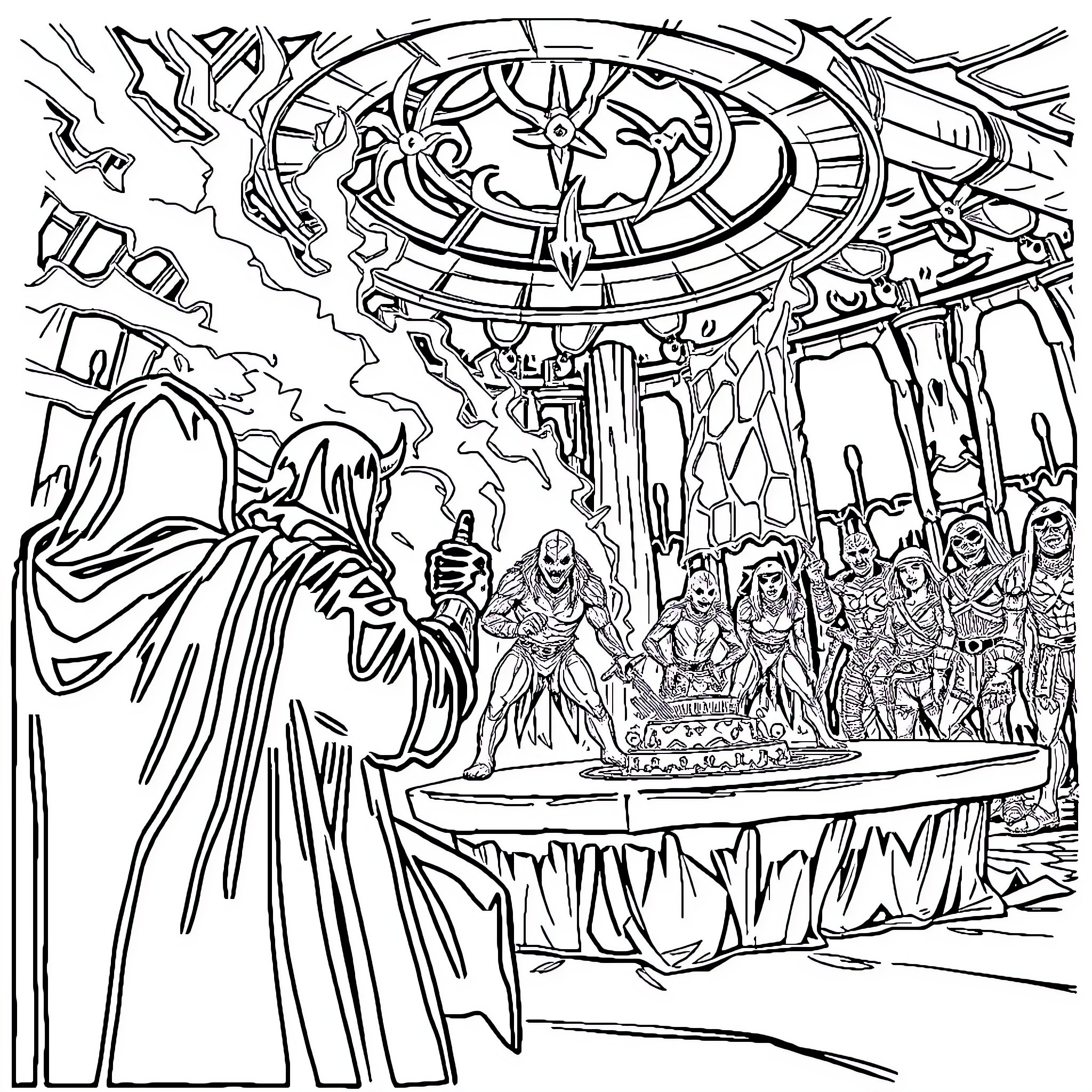 Squid Game - Dark Ceremony in Futuristic Arena Coloring Page (free black-and-white line drawing printable PDF for all, from beginners to advanced learners, including children, teens, adults, and seniors)