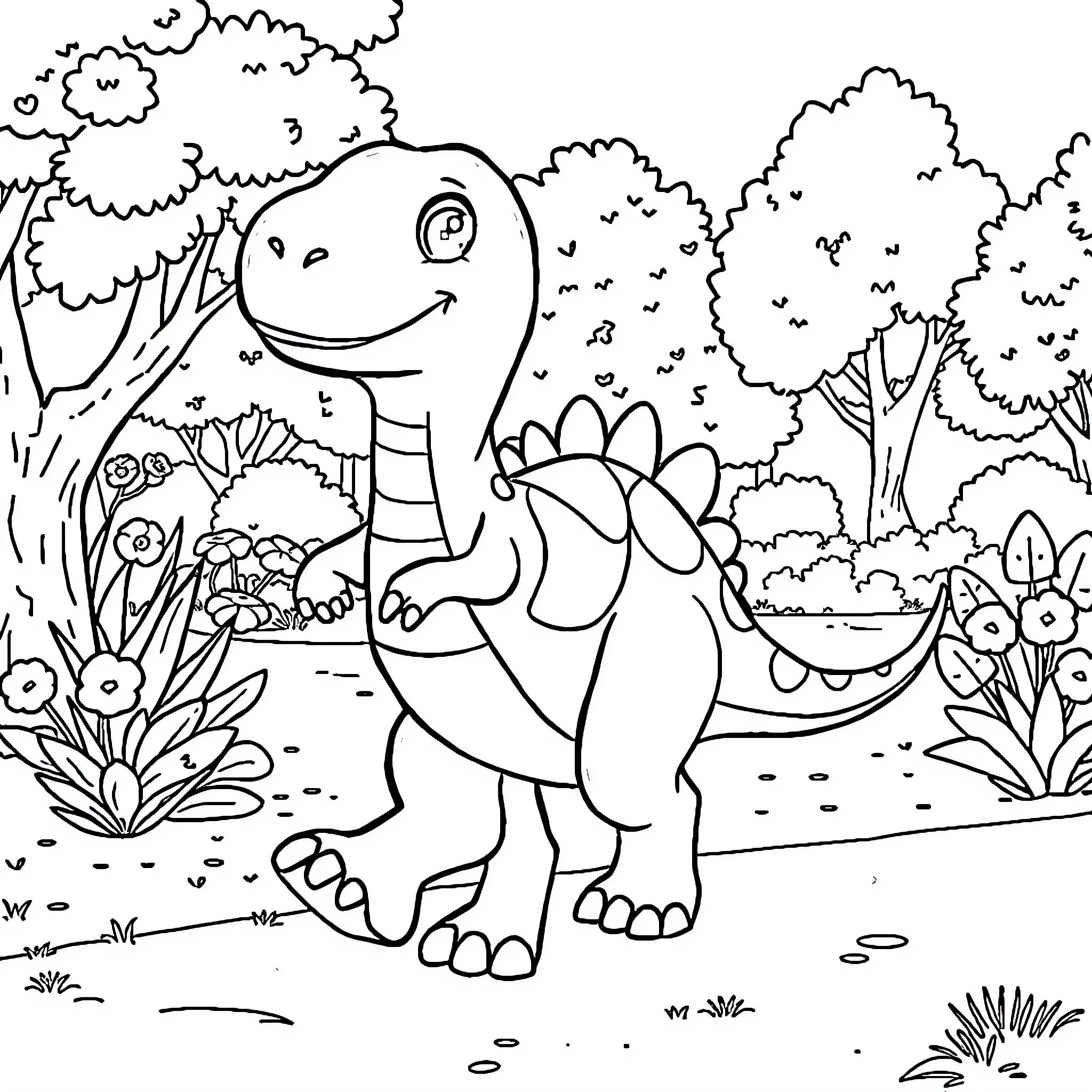 Bluey's Dino Adventure in the Enchanted Forest Coloring Page (free black-and-white line drawing printable PDF for all, from beginners to advanced learners, including children, teens, adults, and seniors)