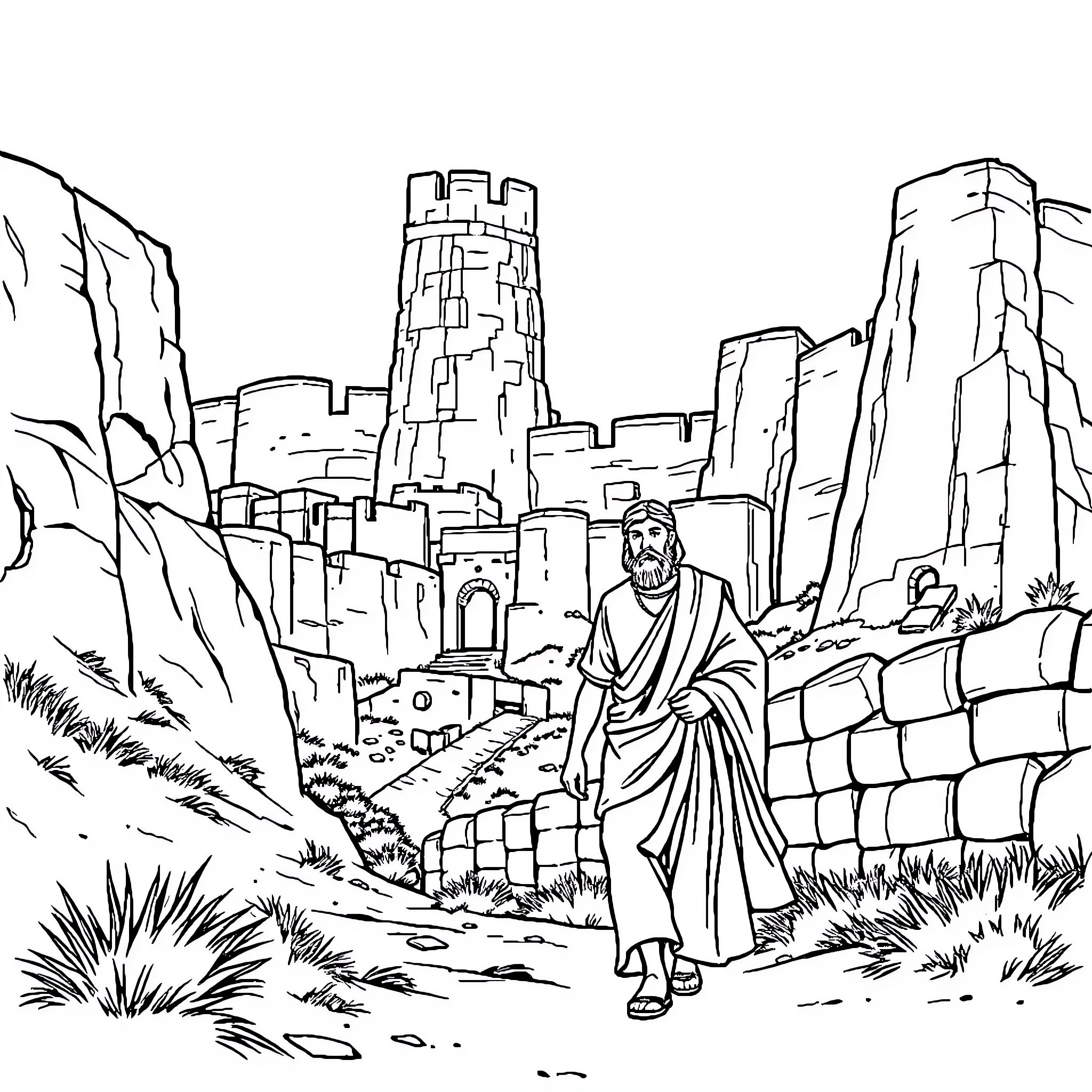 Joshua in the Ancient Ruins Coloring Page (free black-and-white line drawing printable PDF for all, from beginners to advanced learners, including children, teens, adults, and seniors)
