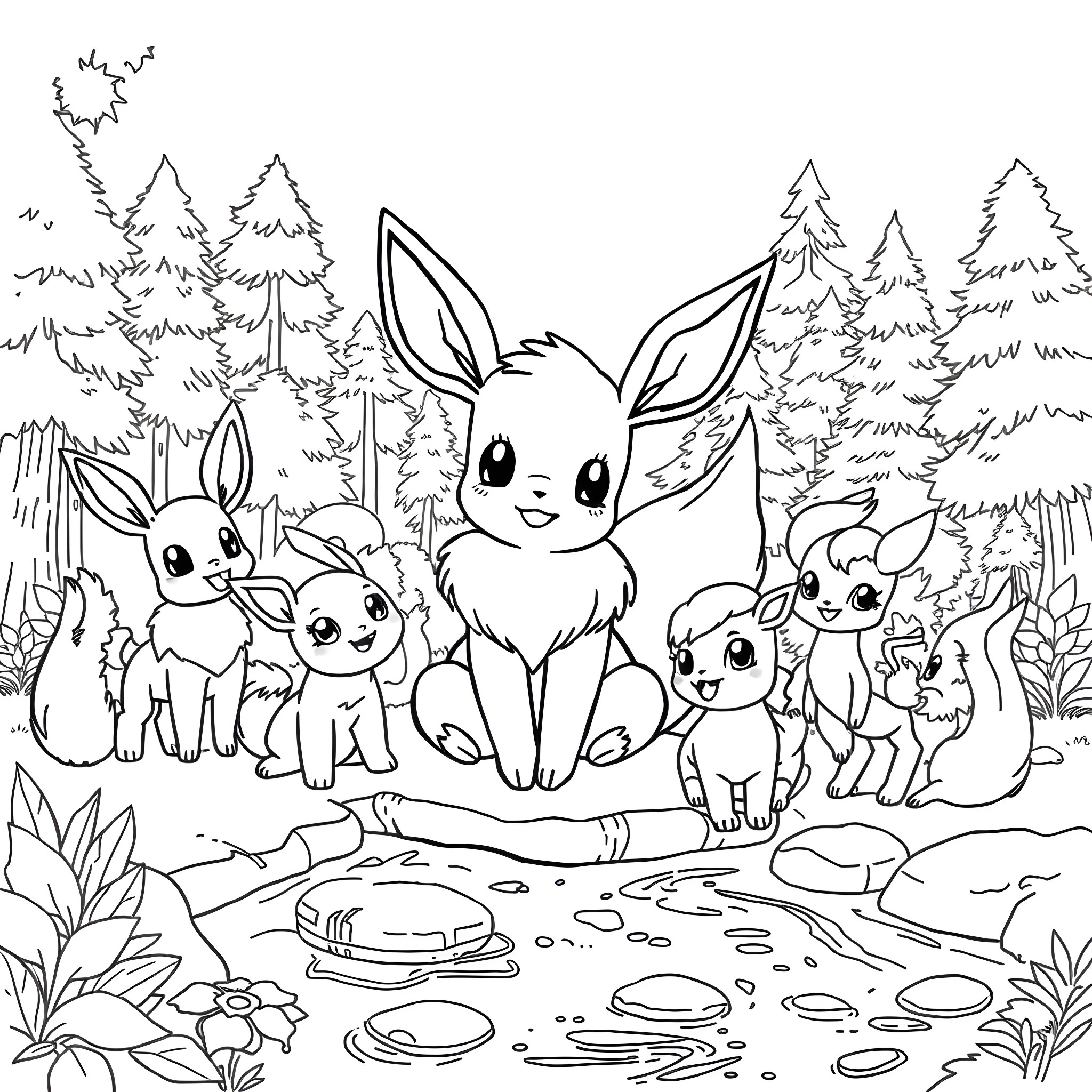 Eevee and its adorable evolutions in a nature setting Coloring Page (free black-and-white line drawing printable PDF for all, from beginners to advanced learners, including children, teens, adults, and seniors)