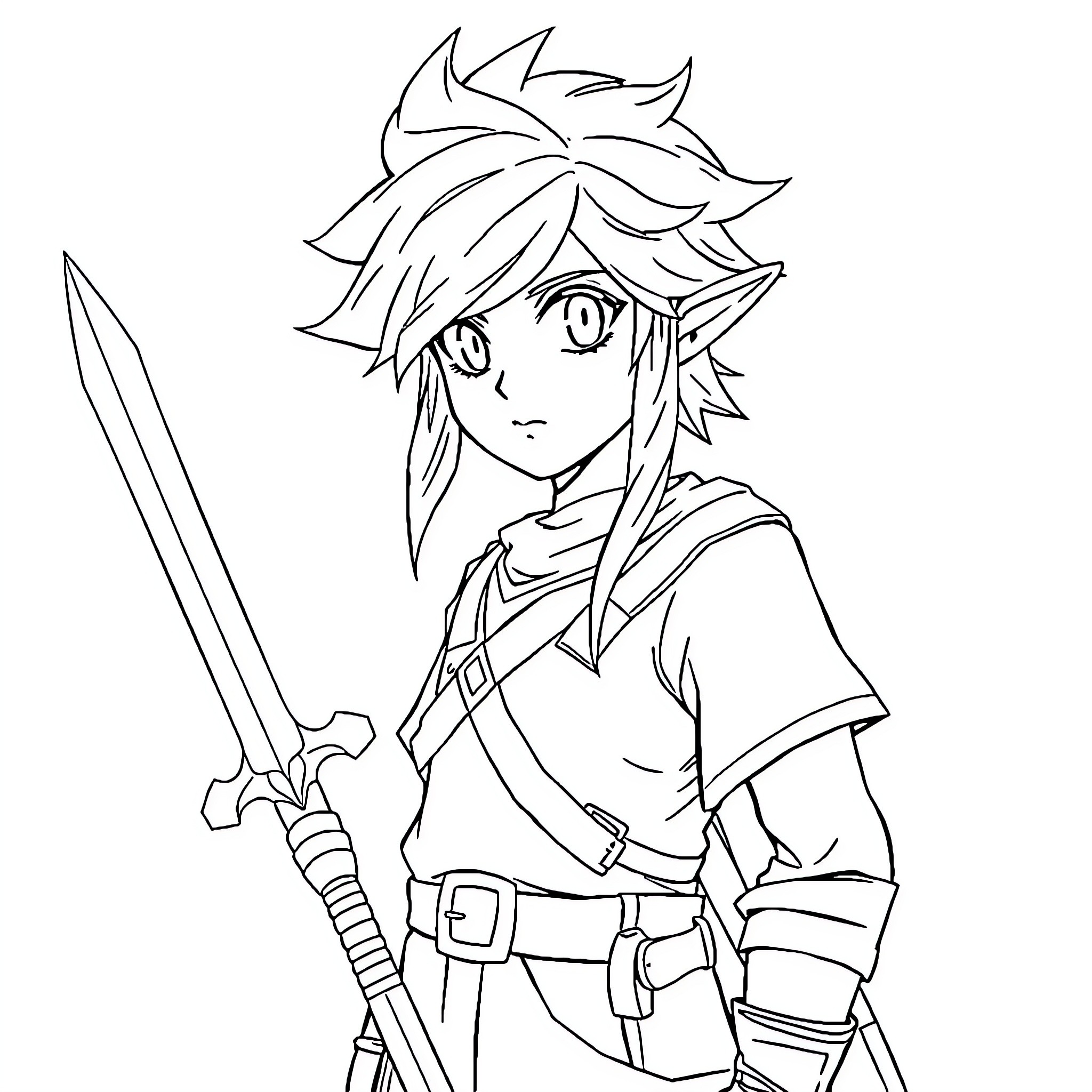 Link Wielding Sword in Adventure Outfit Coloring Page (free black-and-white line drawing printable PDF for all, from beginners to advanced learners, including children, teens, adults, and seniors)